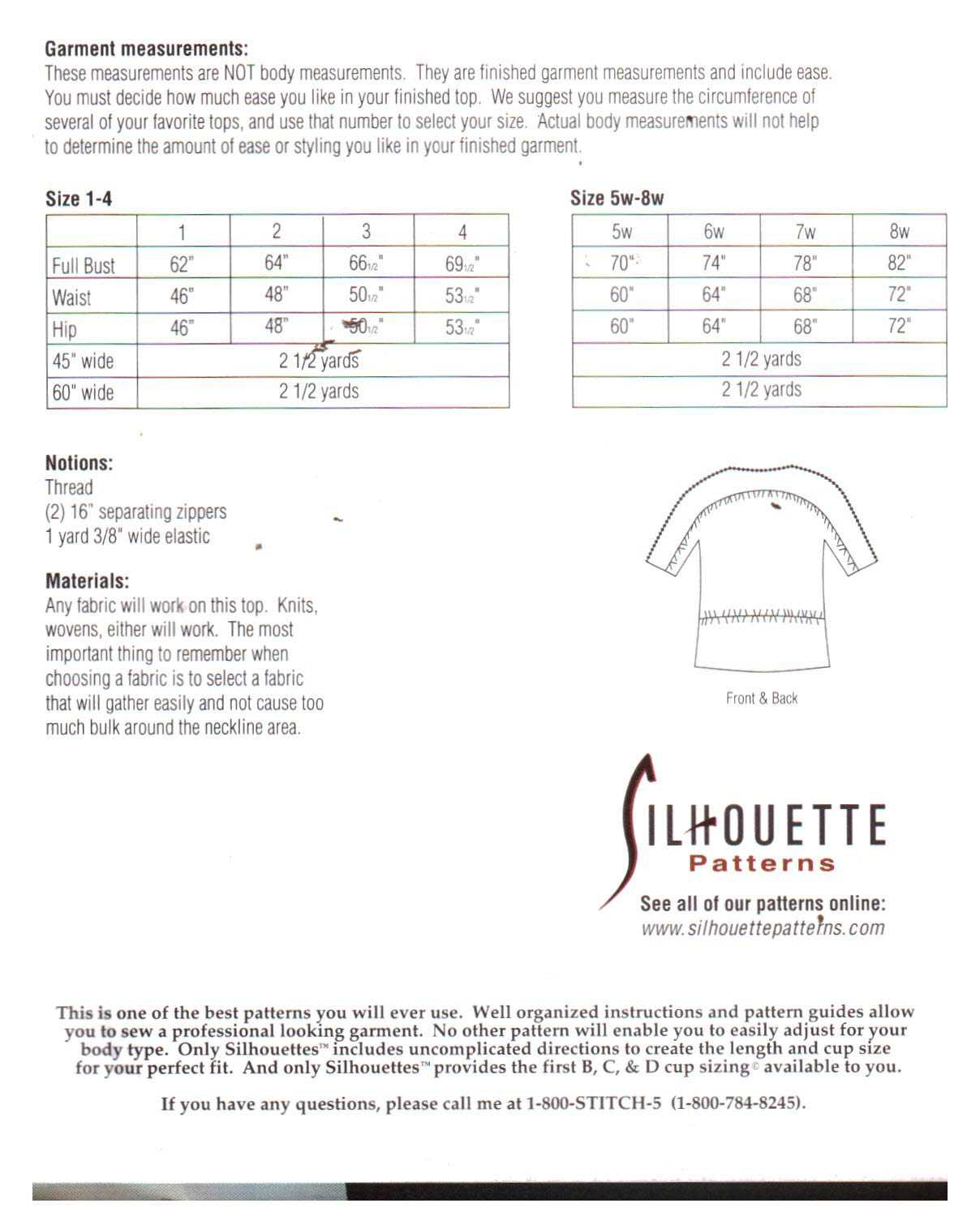Silhoutte 212 Kors Zipper Top Size: 1-4 & 5W-8W Uncut Sewing Pattern - Image 2