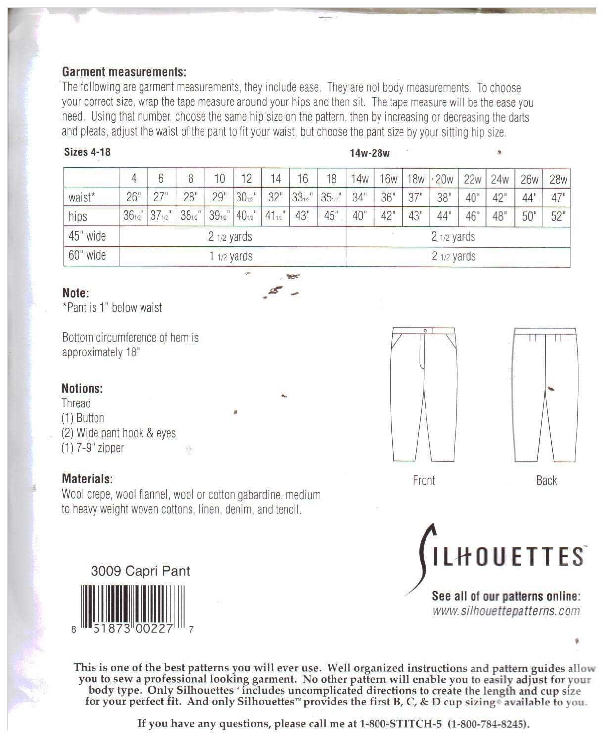 Silhoutte 3009 Capri Pant Size: 4-18 & 14W-28W Uncut Sewing Pattern - Image 2