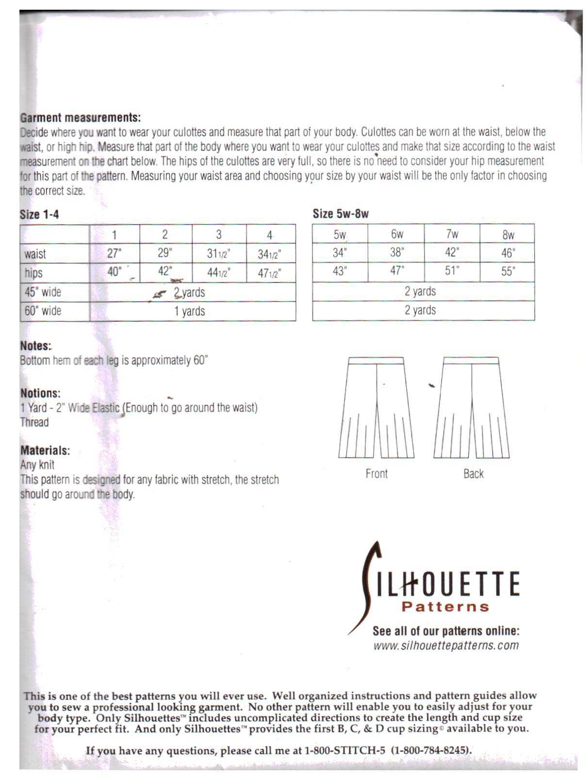Silhoutte 3015 Evanlee's Culottes Size: 1-4 & 5W-8W Uncut Sewing Pattern - Image 2