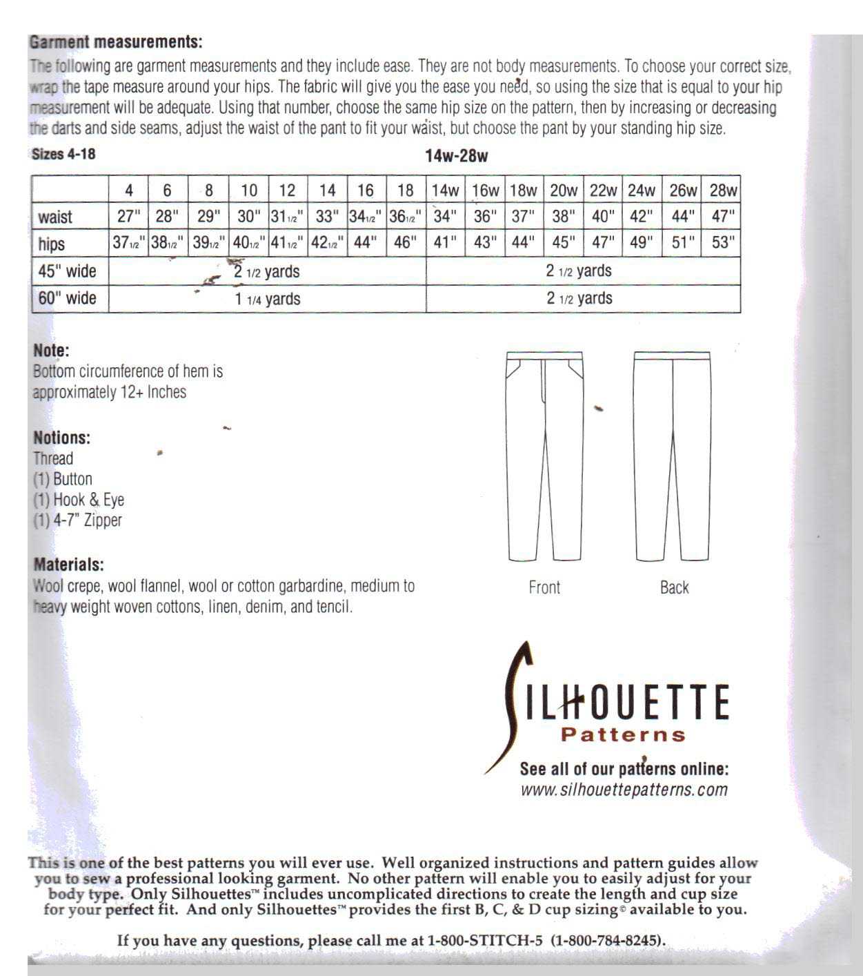 Silhoutte 3218 Camuto's Stretch-Woven Pant Size: 4-18 & 14W-28W Uncut Sewing Pattern - Image 2