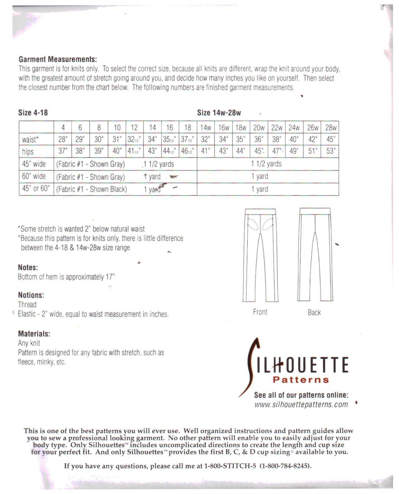 Silhoutte 3413 5-Piece Pocketed Yoga Pant Size: 4-18 & 14W-28W Uncut Sewing Pattern - Image 2