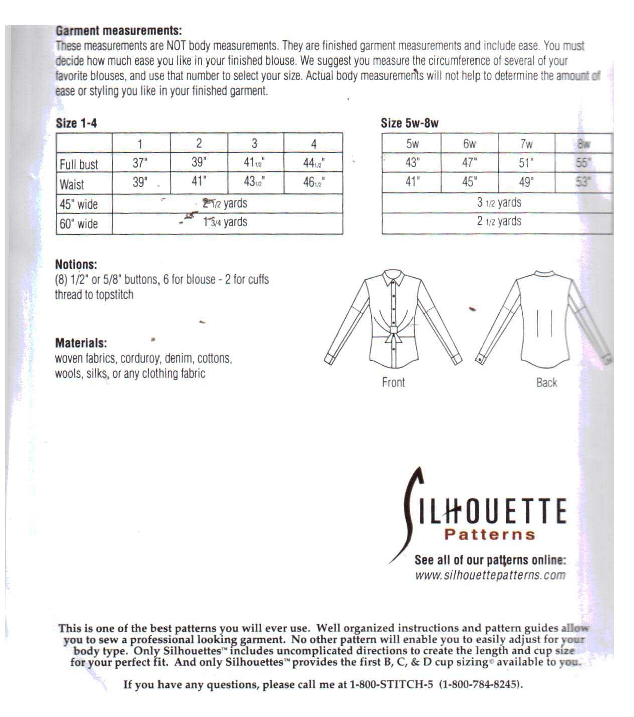 Silhoutte 518 Walter's Front-Tie Blouse Size: 1-4 & 5W-8W Uncut Sewing Pattern - Image 2