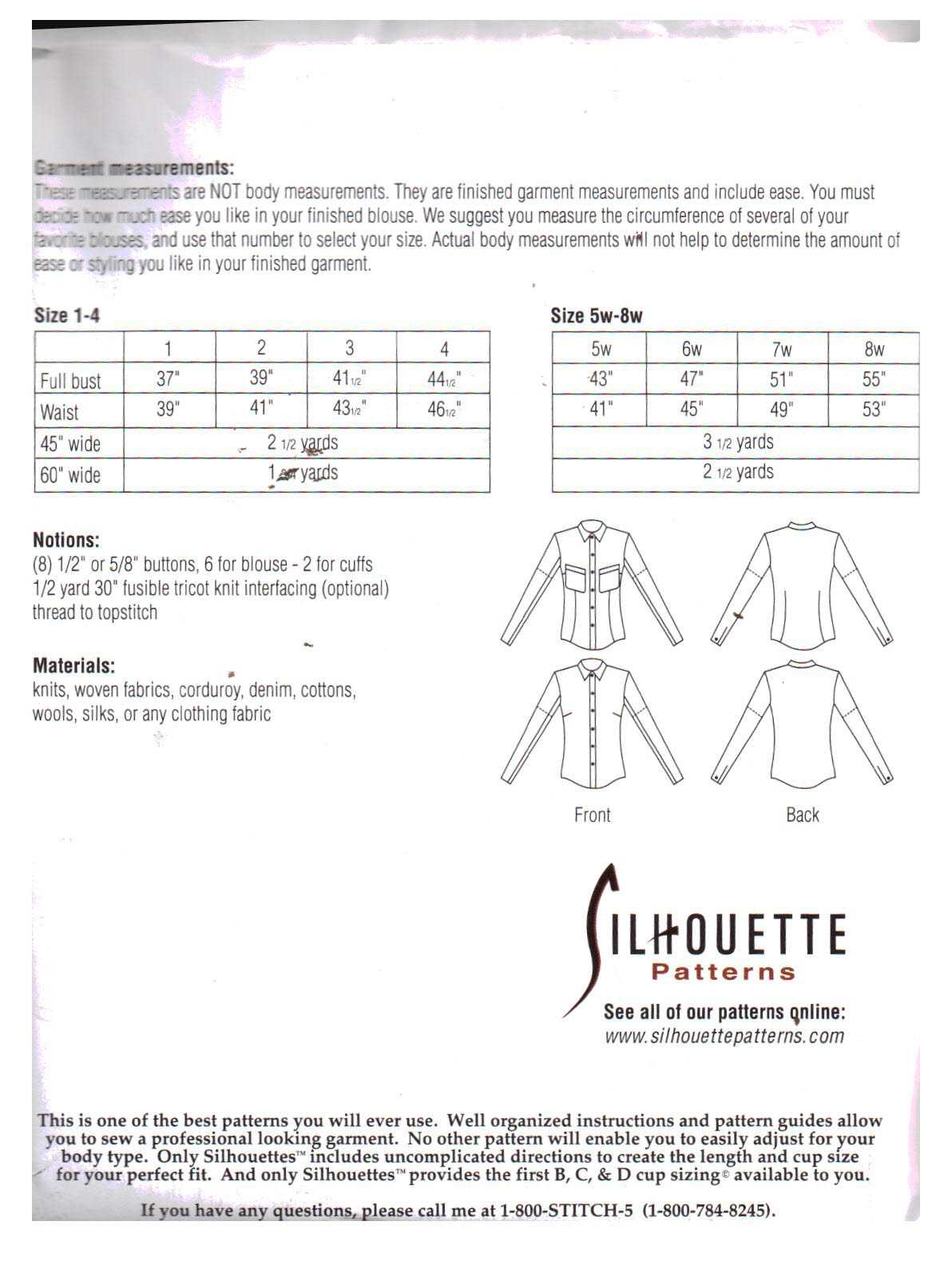 Silhoutte 600 Classic Blouse Size: 1-4 & 5W-8W Uncut Sewing Pattern - Image 2