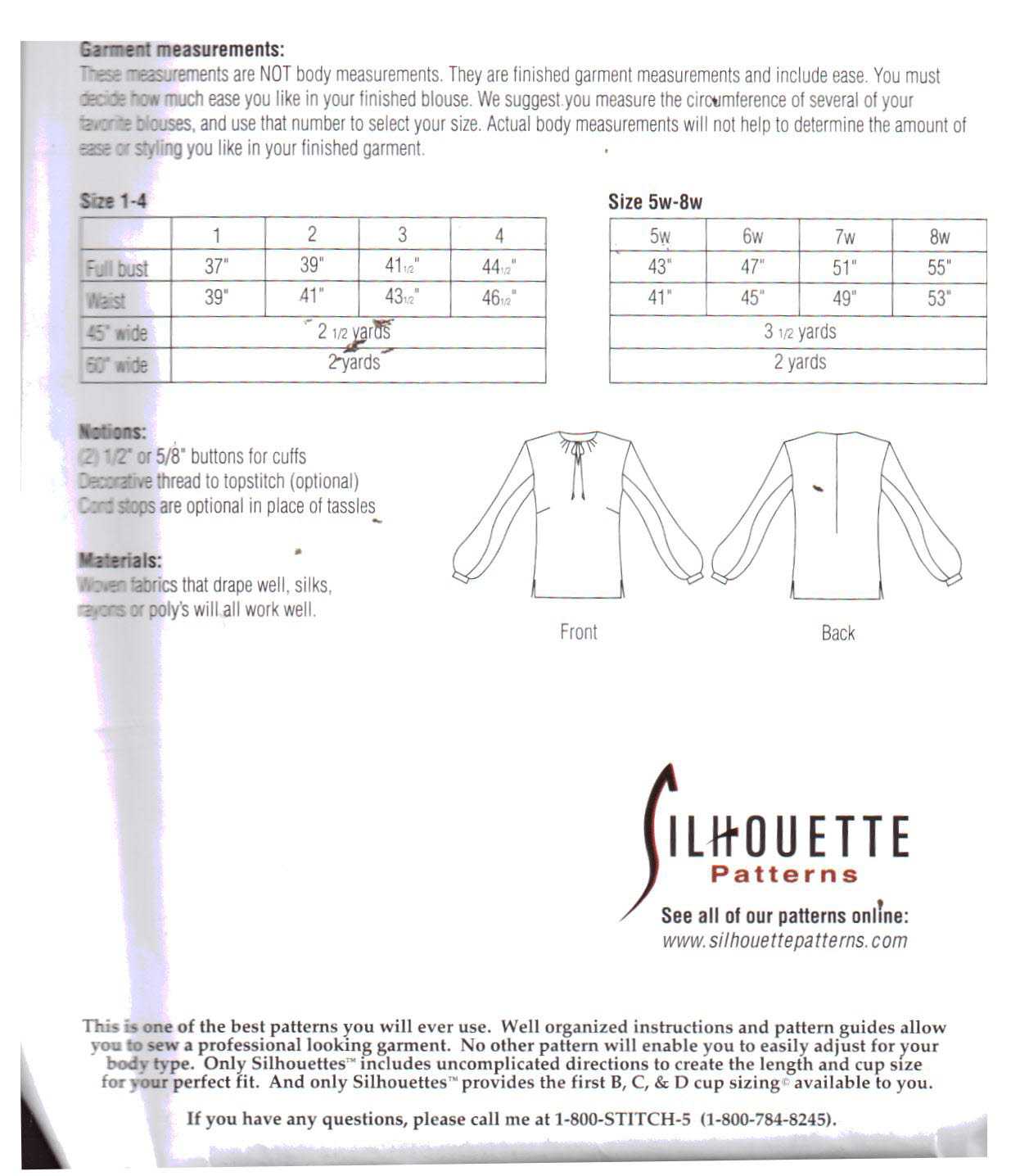 Silhoutte 609 Ariel's Blouse Size: 1-4 & 5W-8W Uncut Sewing Pattern - Image 2