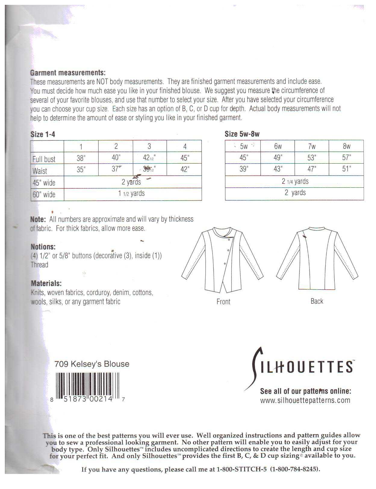 Silhoutte 709 Kelsey's Blouse Size: 1-4 & 5W-8W Uncut Sewing Pattern - Image 2