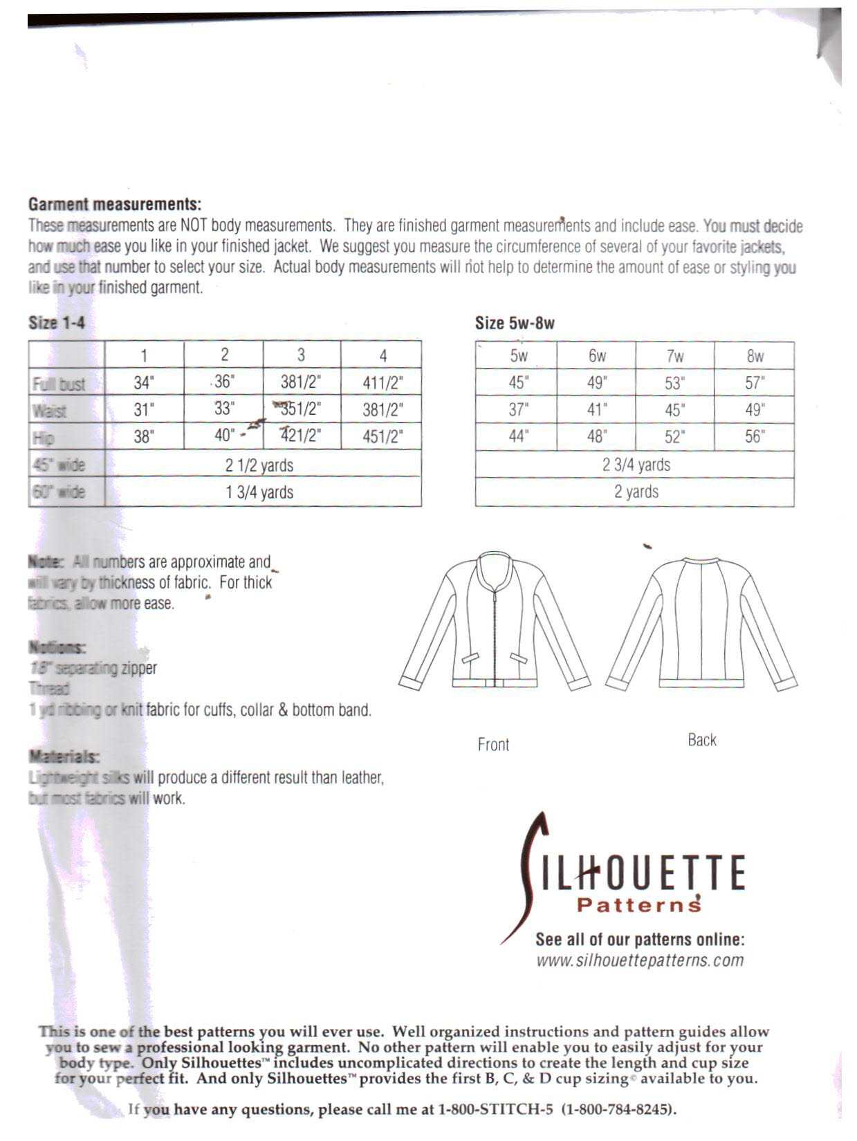 Silhoutte 927 Leslie's Bomber Jacket Size: 1-4 & 5W-8W Uncut Sewing Pattern - Image 2