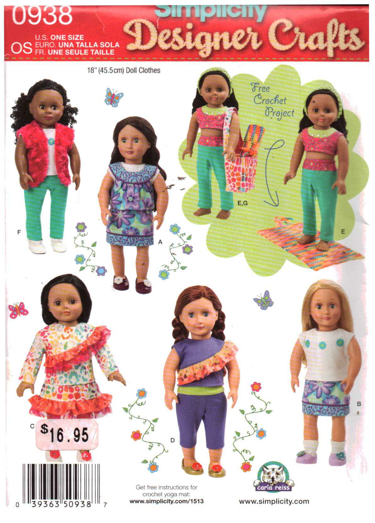 Simplicity 0938 Doll clothes Size: 18" Uncut Sewing Pattern