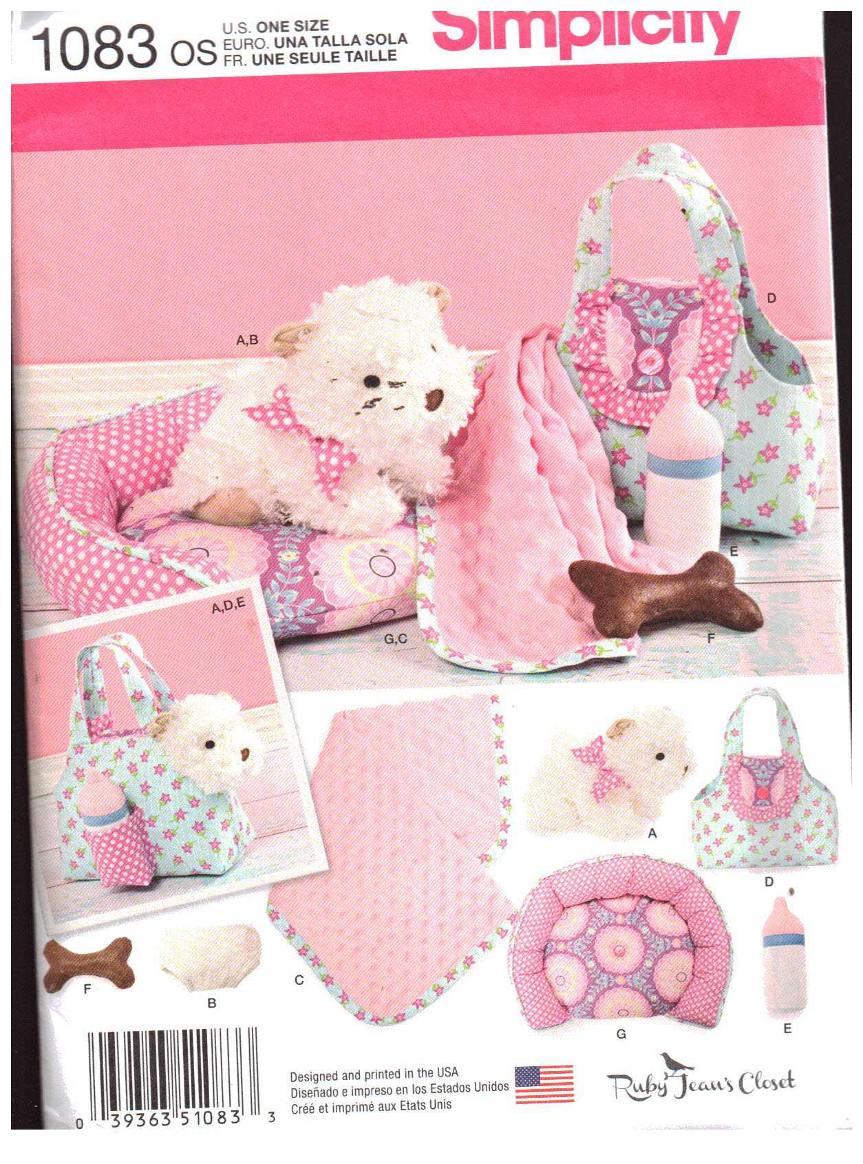 Simplicity 1083 Stuffed Toy Puppy, Carrier, Bed, Blanket, Bottle, Diaper Size: 8" Uncut Sewing Pattern