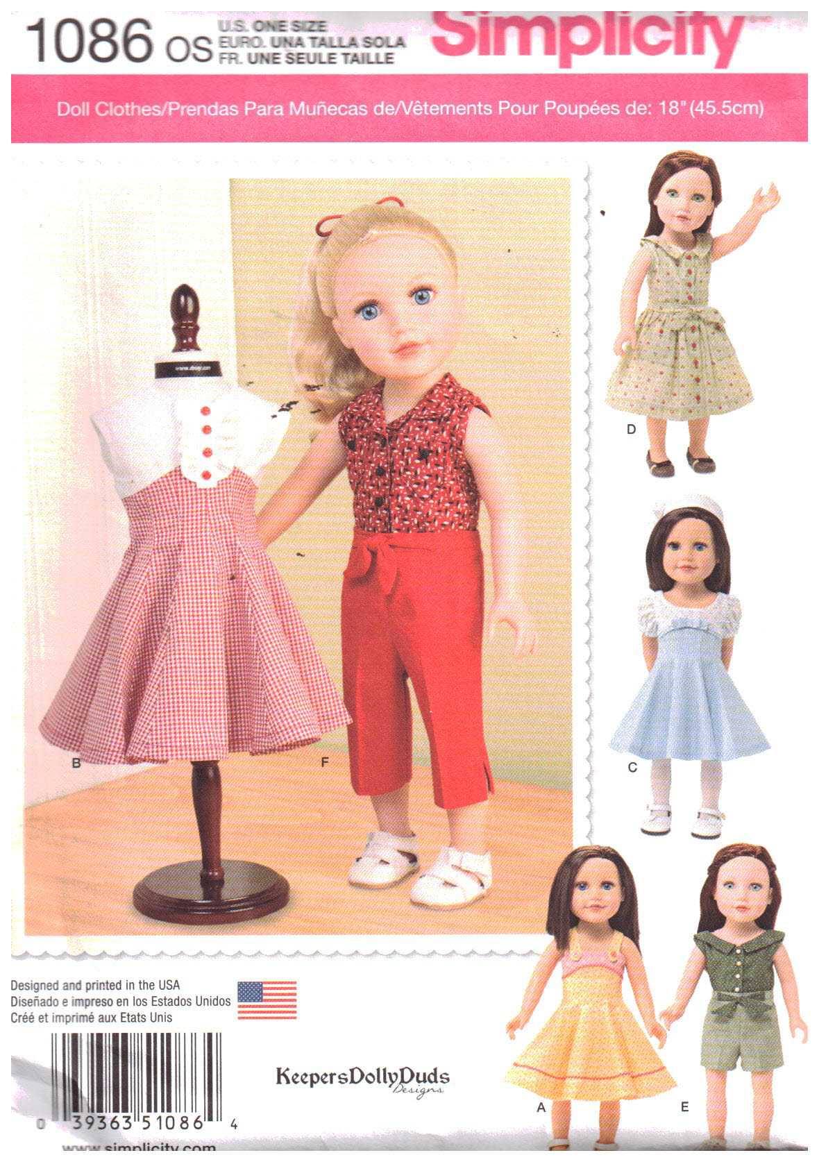 Simplicity 1086 Doll Clothes Size: 18" Uncut Sewing Pattern