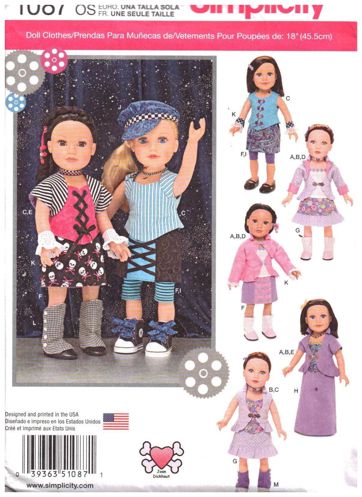 Simplicity 1087 Doll Clothes Size: 18" Uncut Sewing Pattern