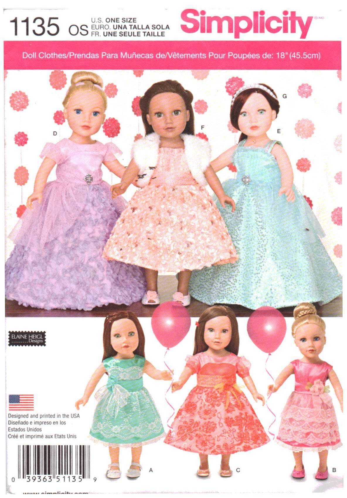 Simplicity 1135 Doll Clothes Size: 18" Uncut Sewing Pattern