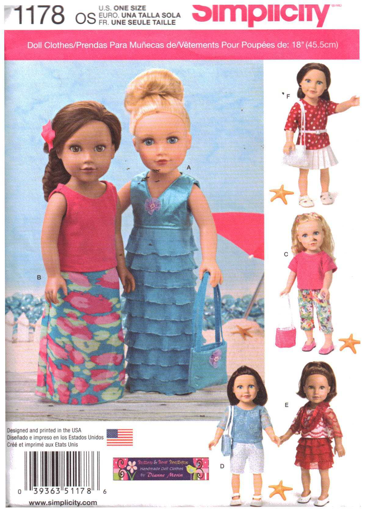 Simplicity 1178 Doll Clothes Size: 18/" Uncut Sewing Pattern