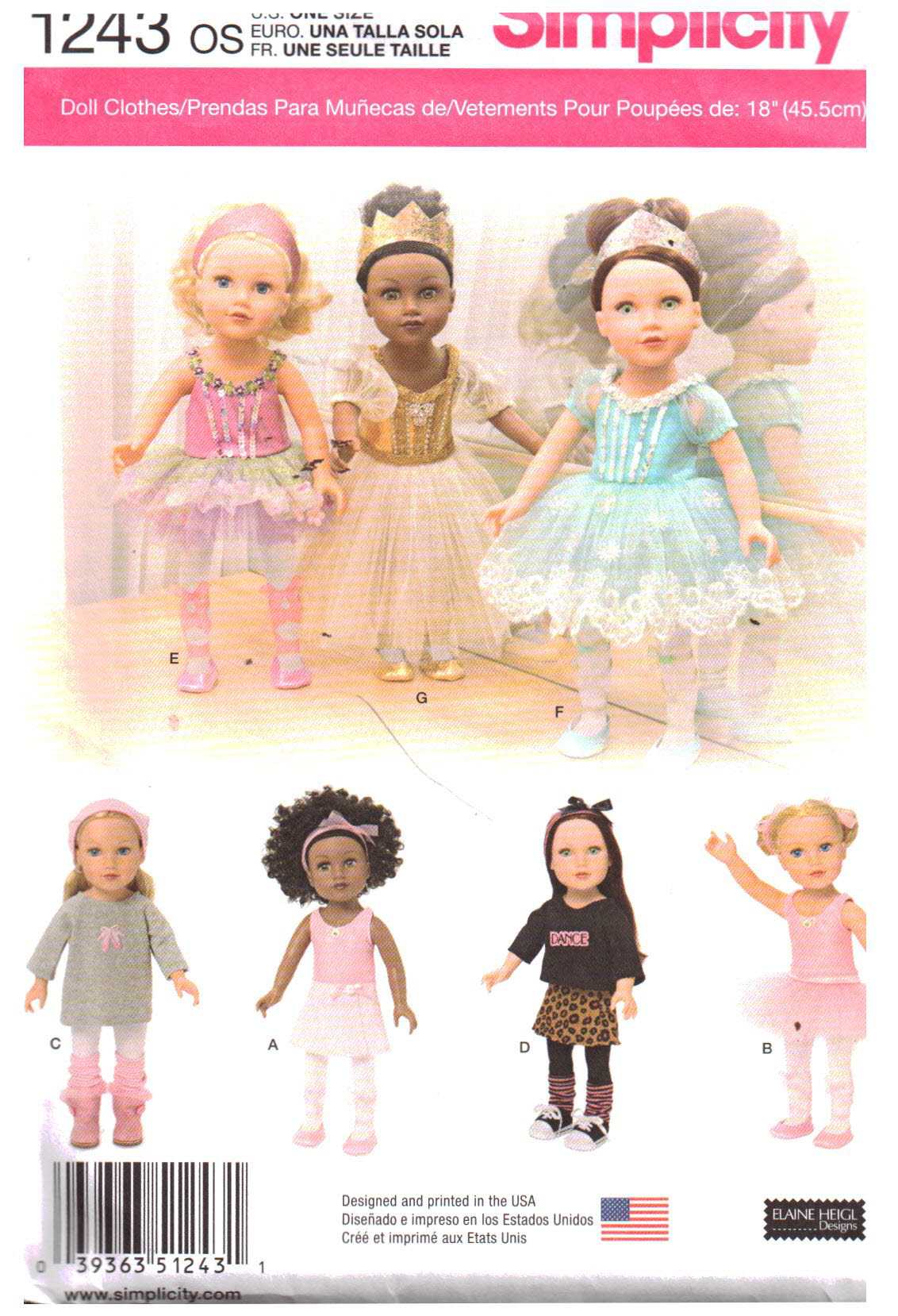 Simplicity 1243 Doll Clothes Size: 18" Uncut Sewing Pattern
