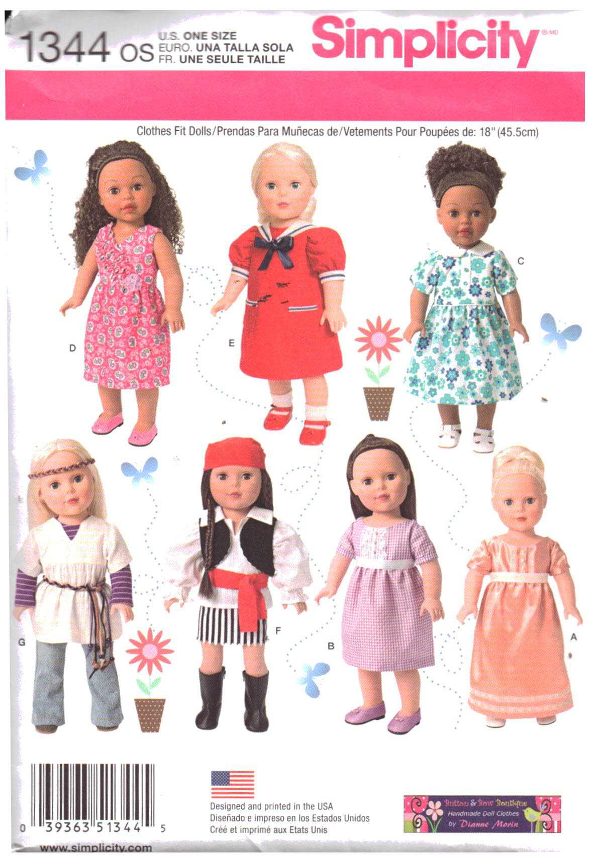 Simplicity 1344 Doll Clothes Size: 18" Uncut Sewing Pattern