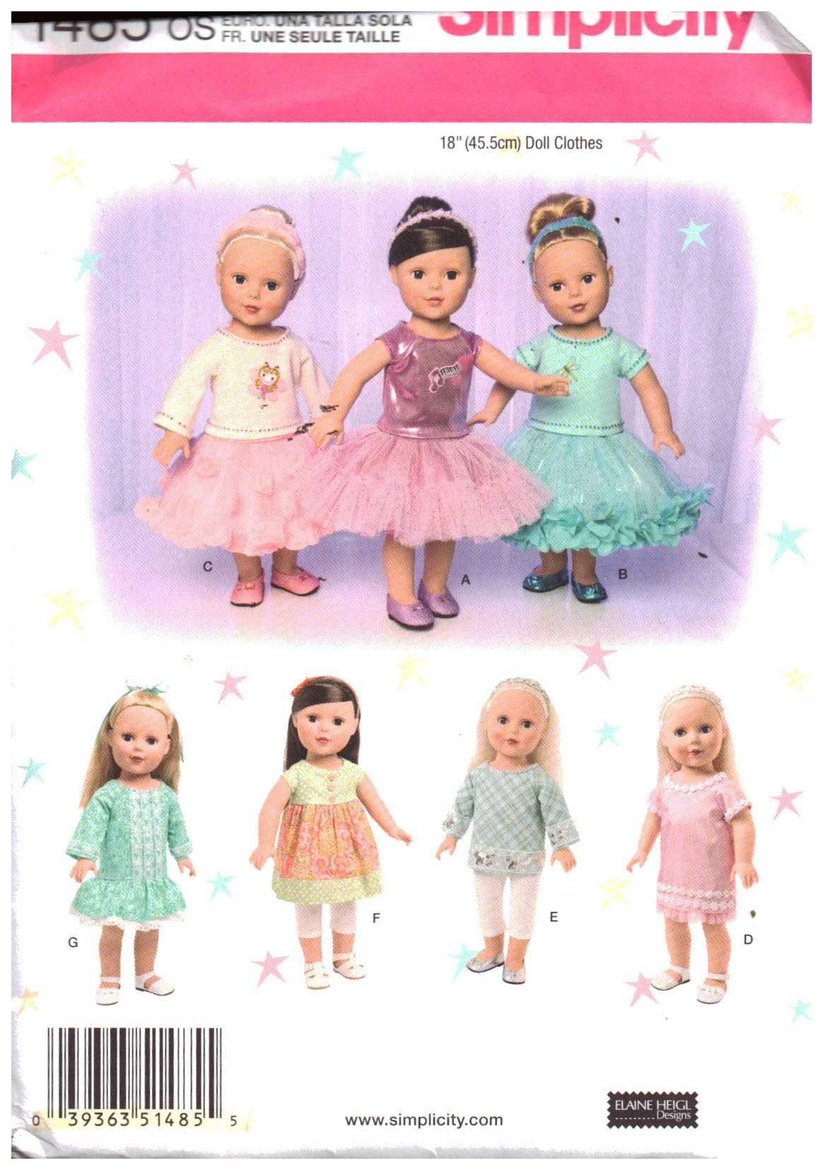Simplicity 1485 Doll Clothes Size: 18" Uncut Sewing Pattern