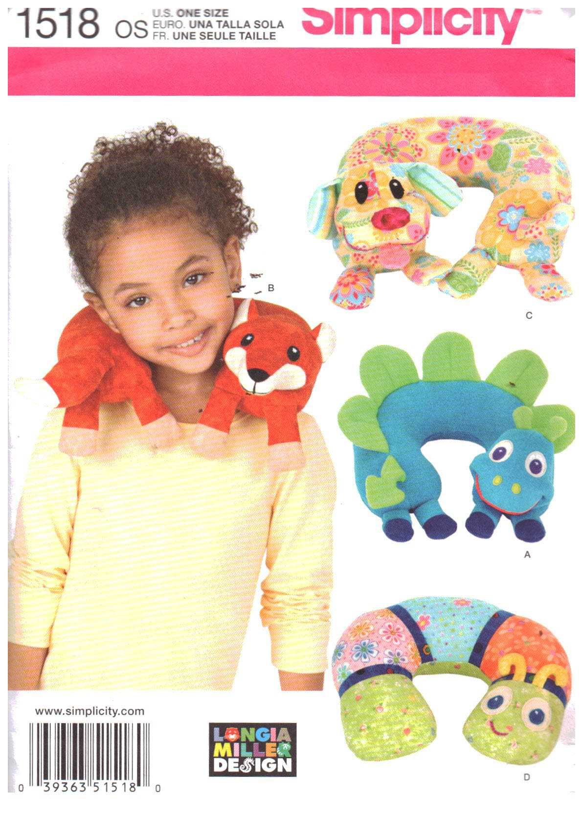 Simplicity 1518 Child's Animal Neck Pillows Size: One Uncut Sewing Pattern
