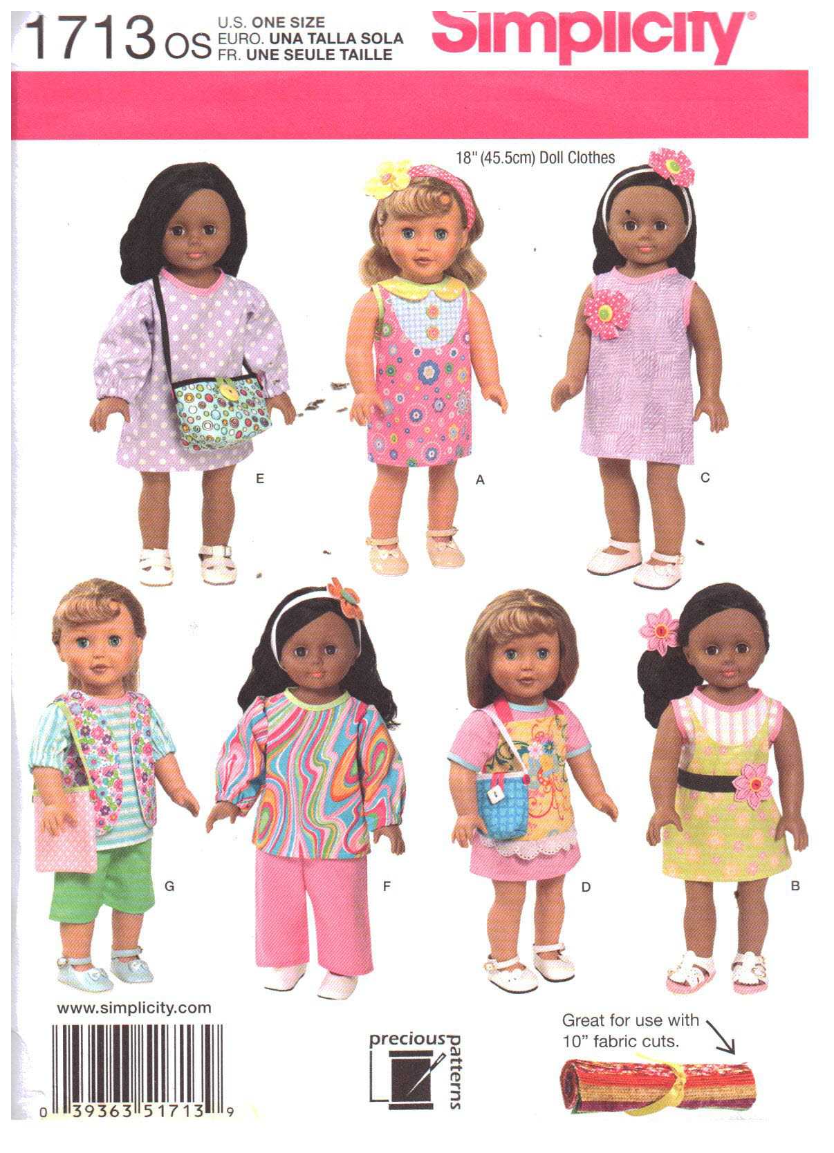 Simplicity 1713 Doll Clothes Size: 18" Uncut Sewing Pattern