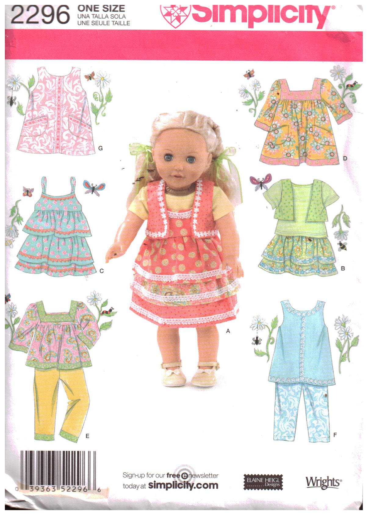 Simplicity 2296 Doll Clothes Size: 18" Used Sewing Pattern