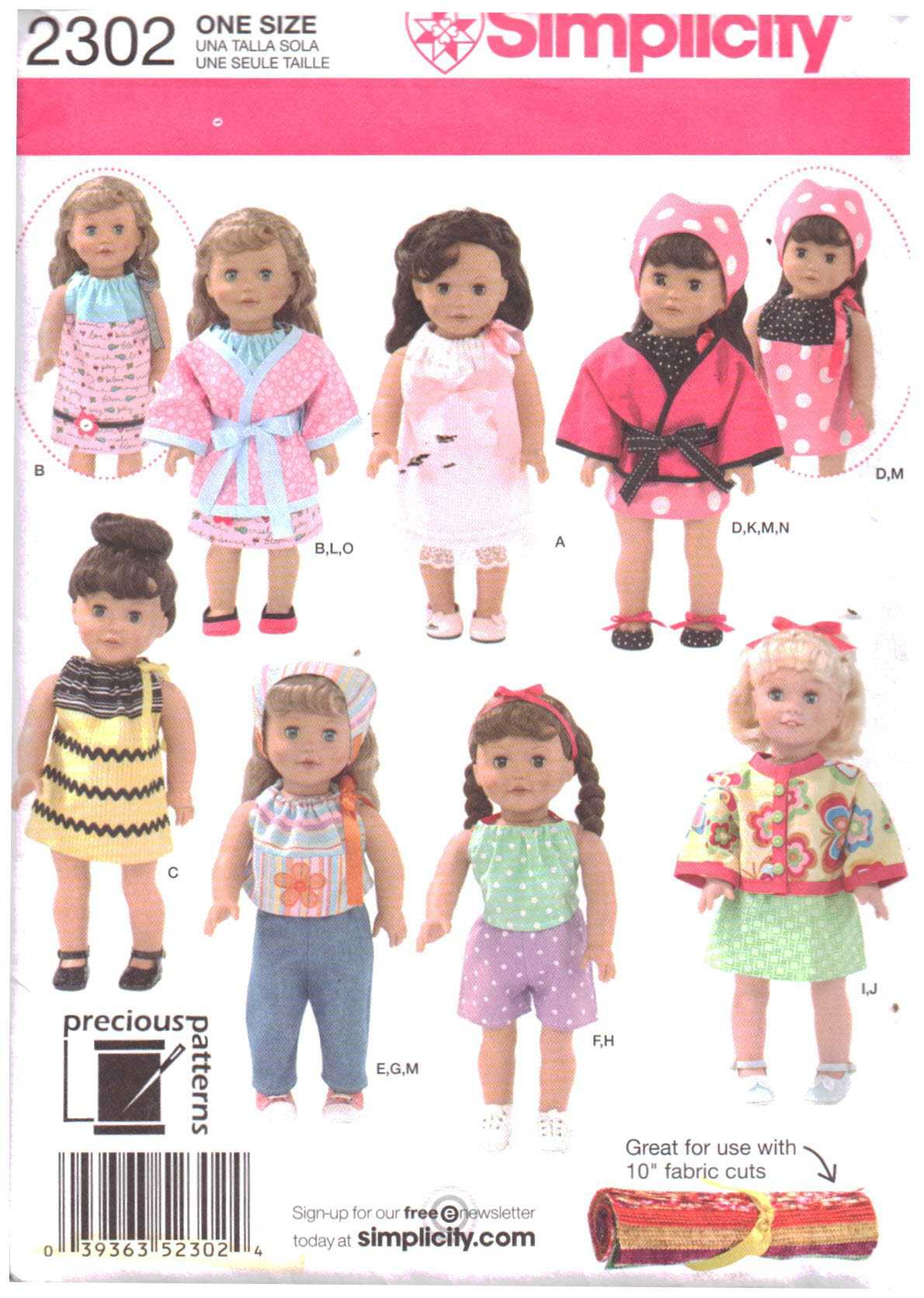 Simplicity 2302 Doll Clothes Size: 18" Uncut Sewing Pattern
