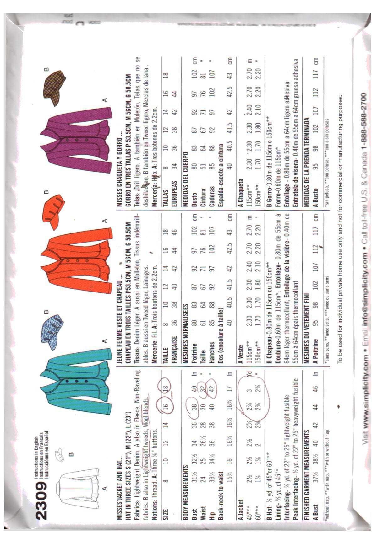 Simplicity 2309 Jacket, Hat Size: A 8-18 Uncut Sewing Pattern - Image 2