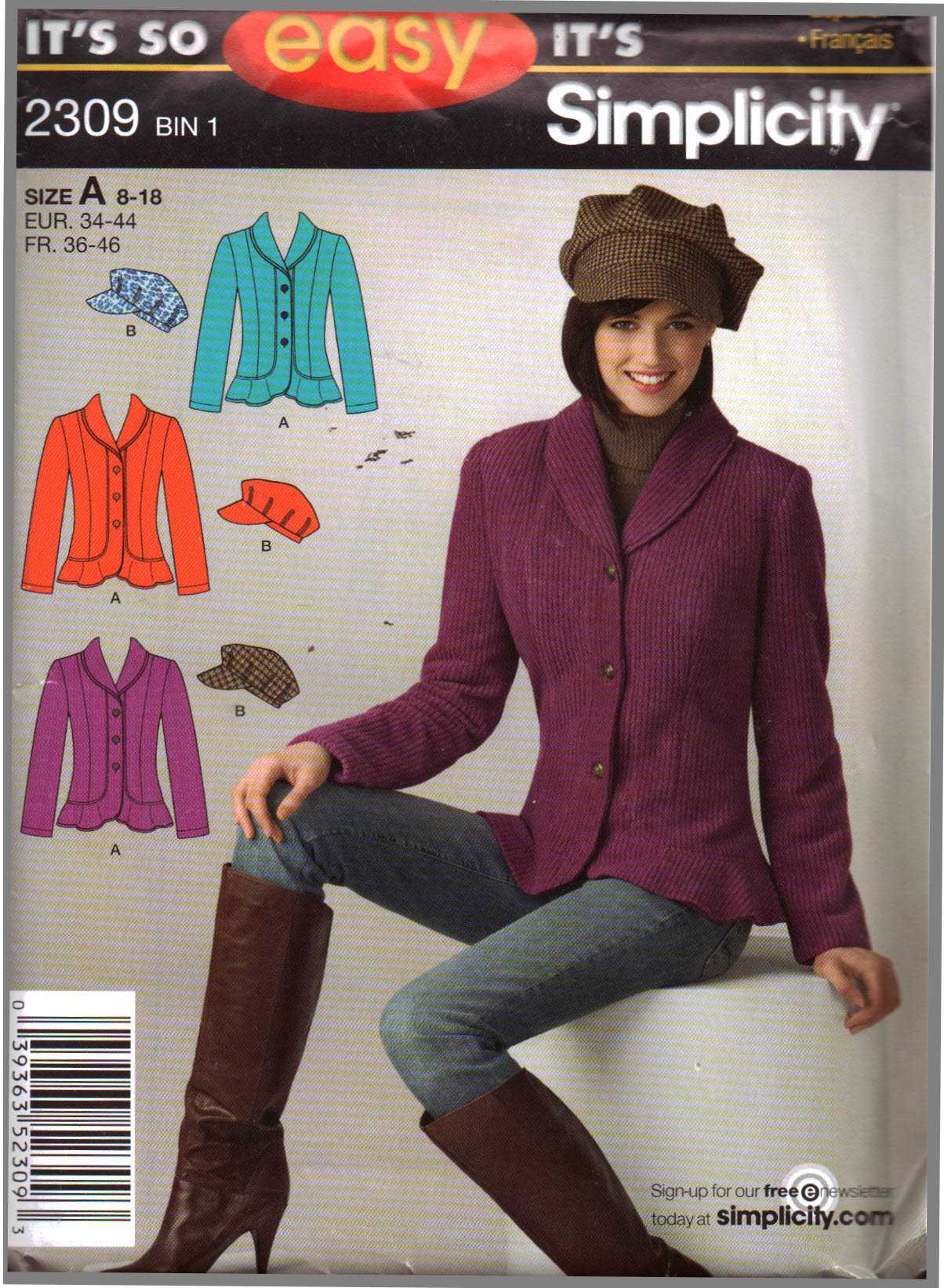 Simplicity 2309 Jacket, Hat Size: A 8-18 Uncut Sewing Pattern