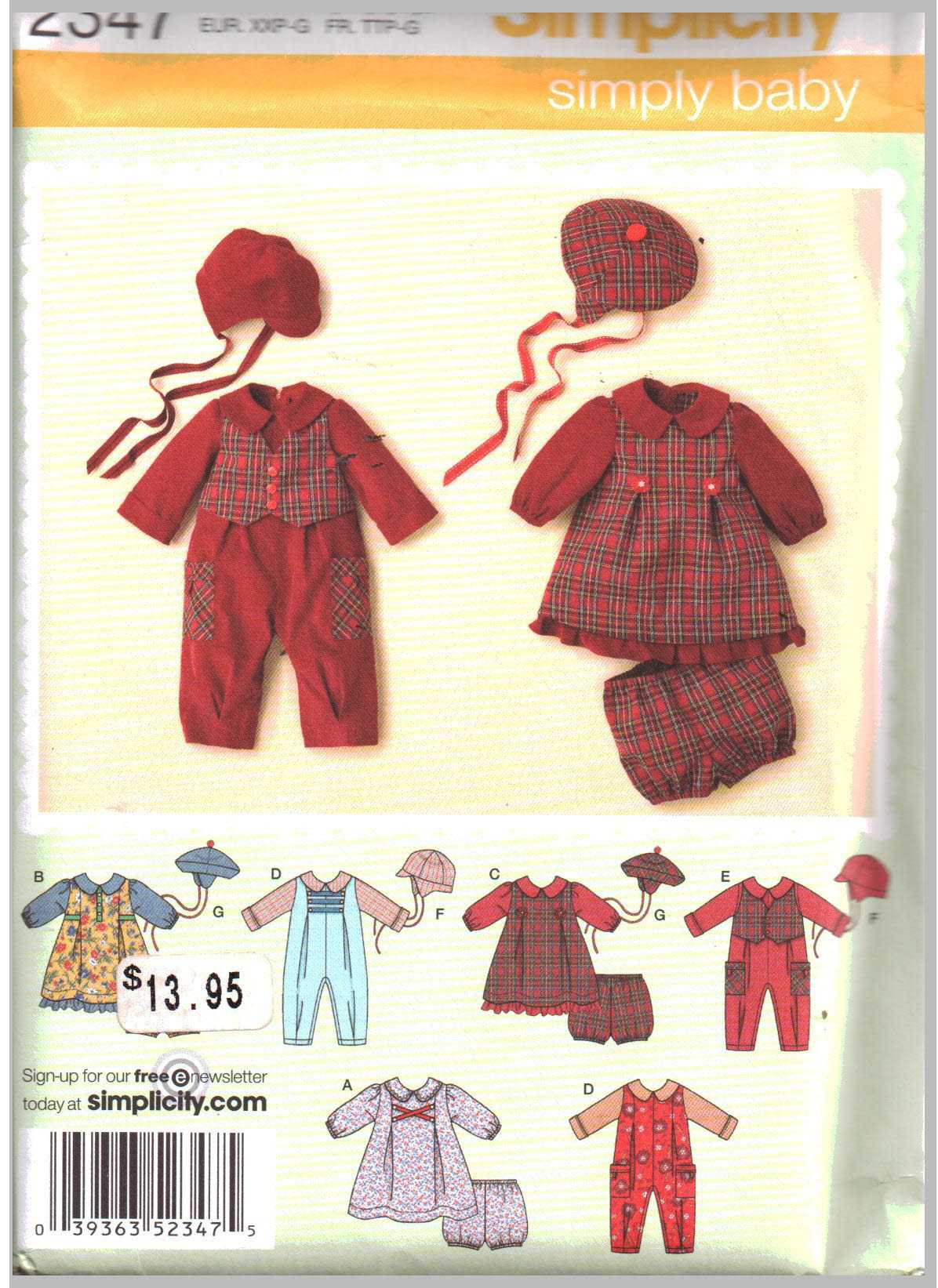 Simplicity 2347 Babies Romper, Dress, Panties, Hats Size: A XXS-L Uncut Sewing Pattern