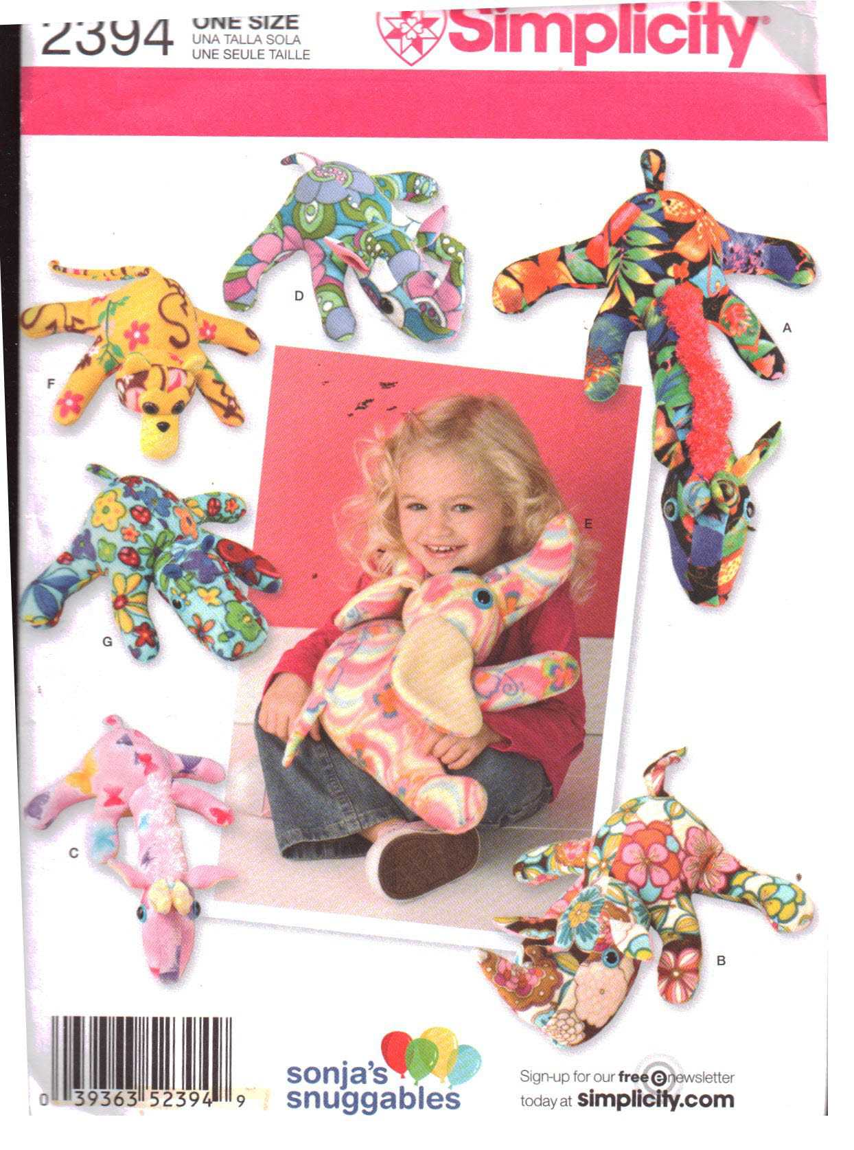 Simplicity 2394 Fleece Animals - Giraffe, Rhino, Elephant, Monkey, Hippo Size: One Uncut Sewing Pattern