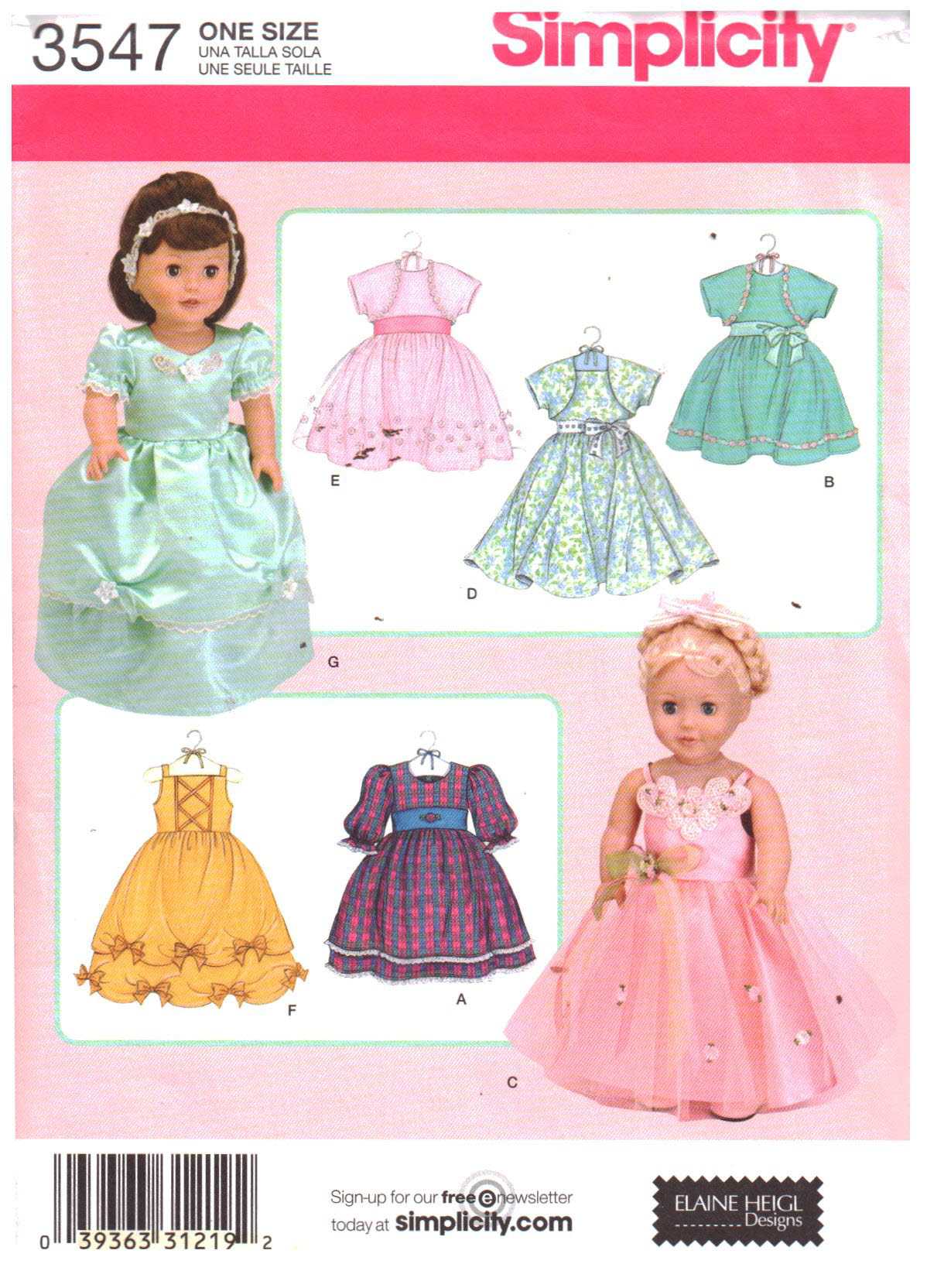 Simplicity 3547 Doll clothes Size: 18" Uncut Sewing Pattern