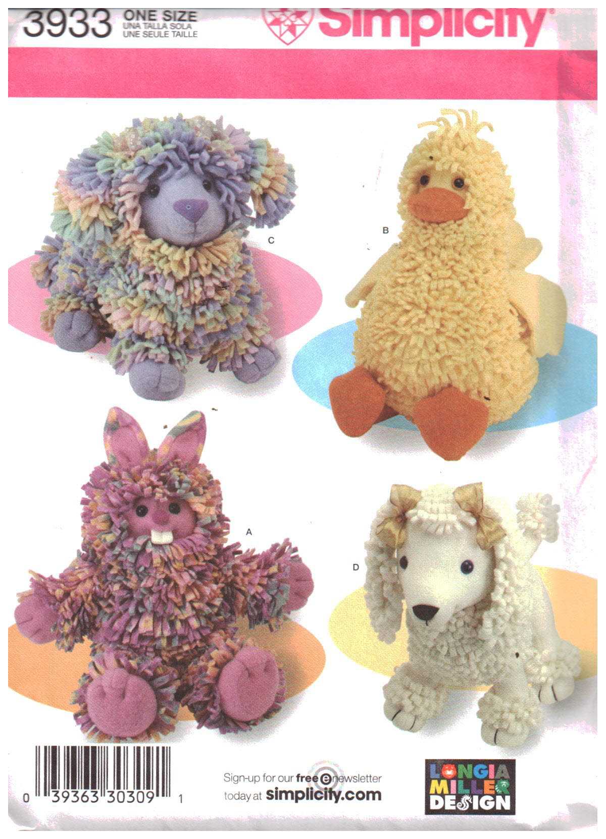 Simplicity 3933 Loopy Animal Toys - Bunny, Duck, Dog, Poodle Size: One Uncut Sewing Pattern