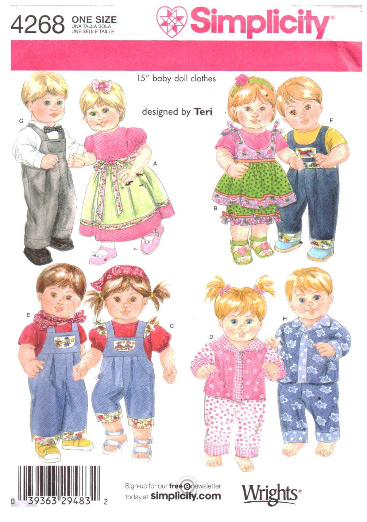 Simplicity 4268 Baby Doll Clothes Size: 15" Uncut Sewing Pattern
