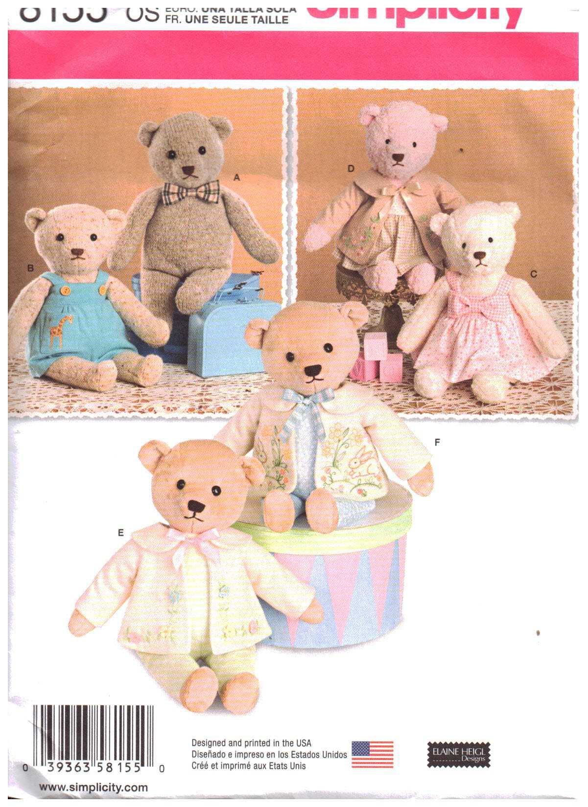 Simplicity 8155 Stuffed Bears, Clothes Size: 21.5"Uncut Sewing Pattern