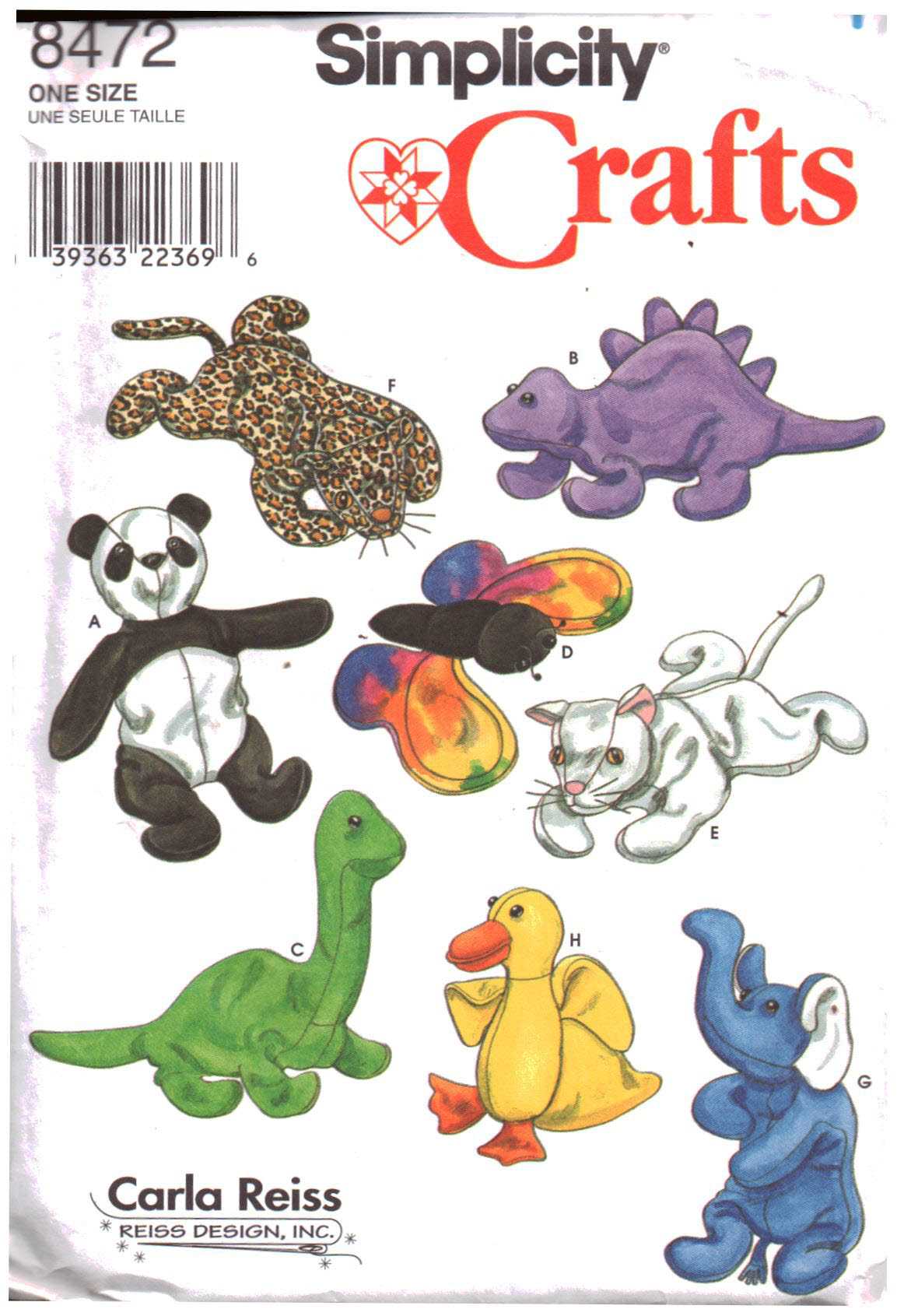Simplicity 8472 Beanbag Animals by Carla Reiss Size: One Used Sewing Pattern