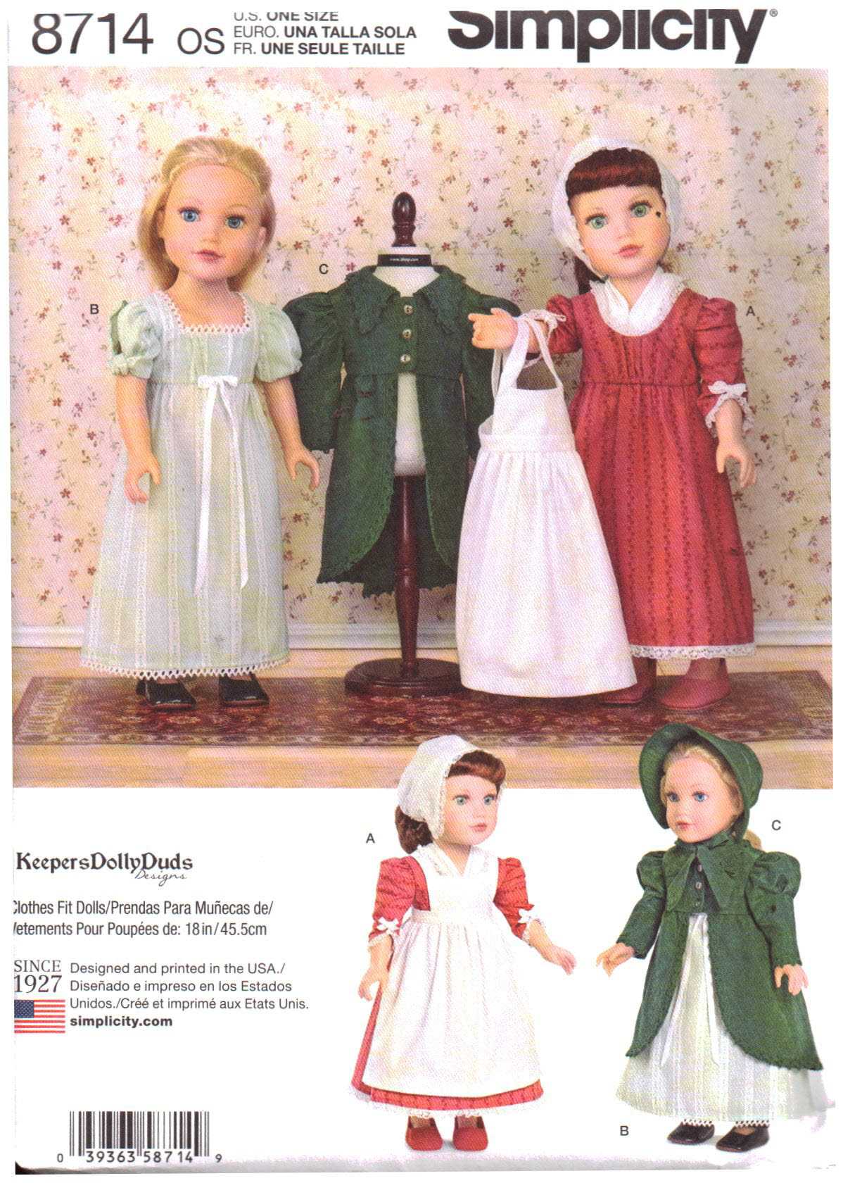 Simplicity 8714 Doll Clothes Size: 18" Uncut Sewing Pattern
