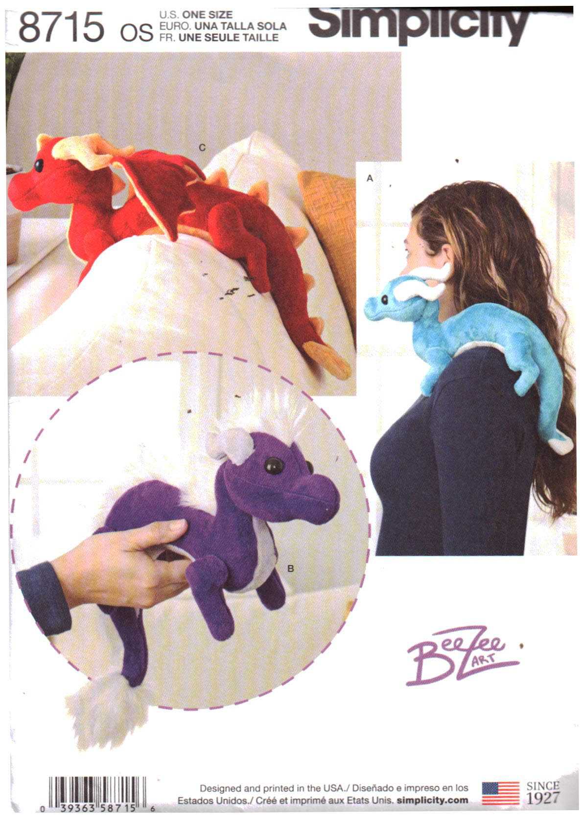 Simplicity 8715 Stuffed Dragon Toys Size: One Uncut Sewing Pattern