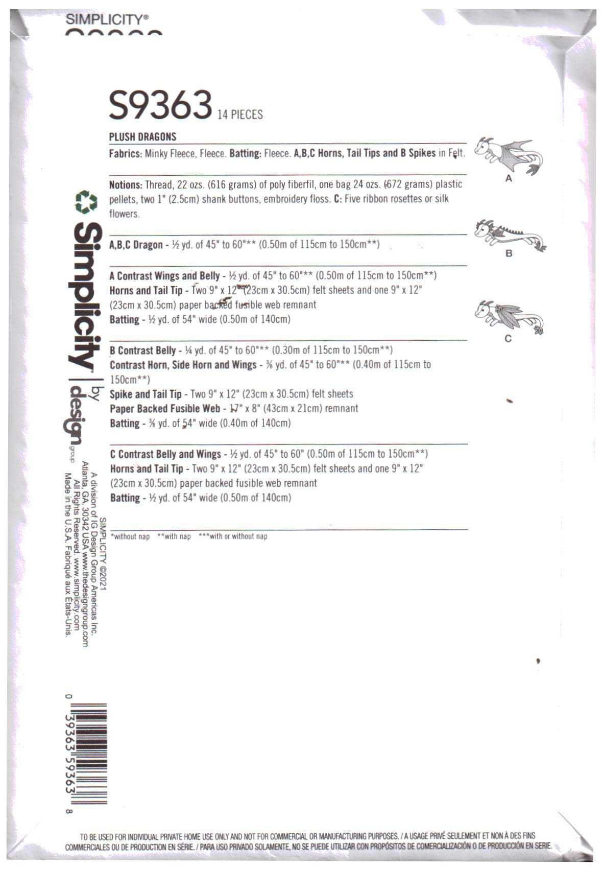 Simplicity S9363 Plush Dragons Size: One Uncut Sewing Pattern - Image 2