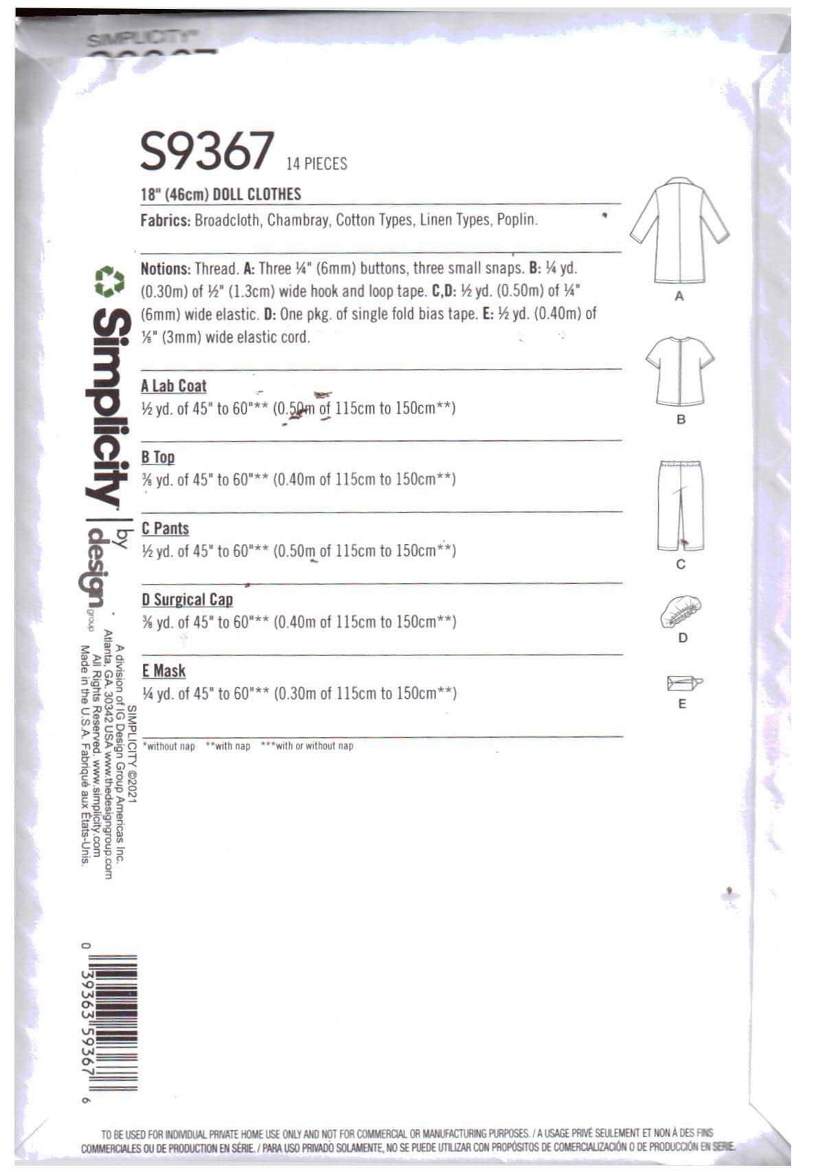 Simplicity S9367 Doll Clothes Size: 18" Uncut Sewing Pattern - Image 2