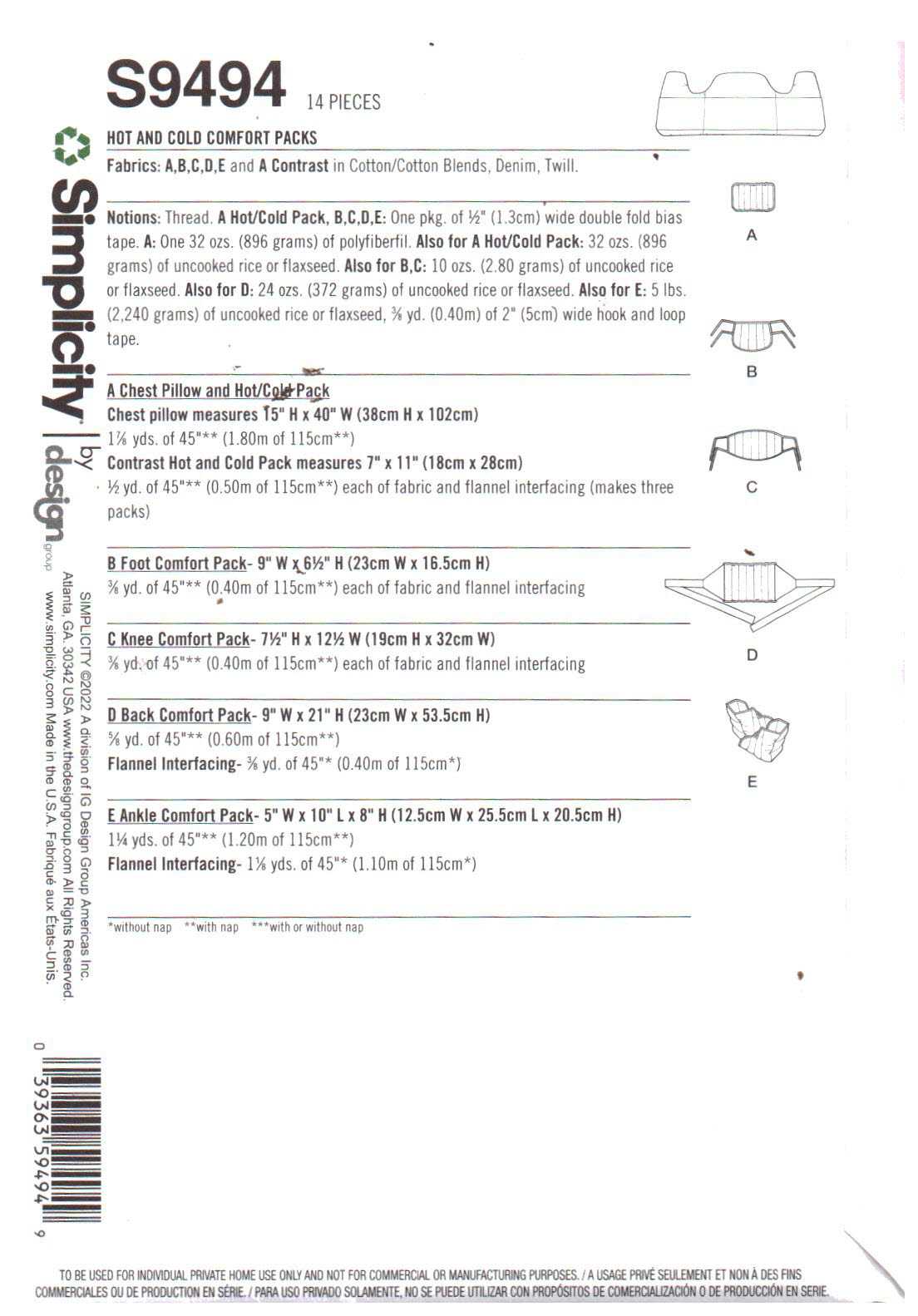 Simplicity S9494 Hot, Cold Comfort Packs Size: One Uncut Sewing Pattern