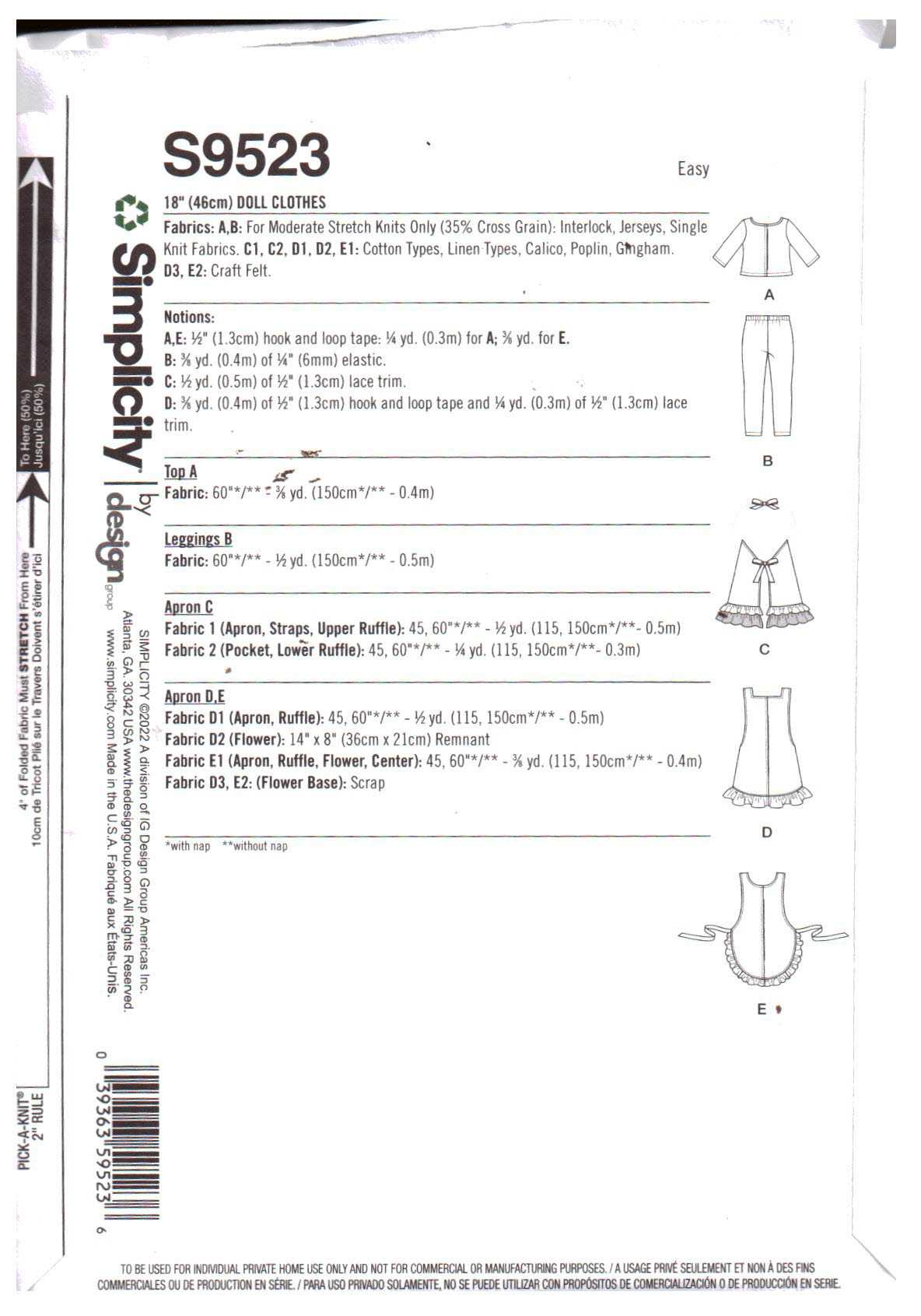 Simplicity S9523 Doll Clothes Size: 18" Uncut Sewing Pattern - Image 2