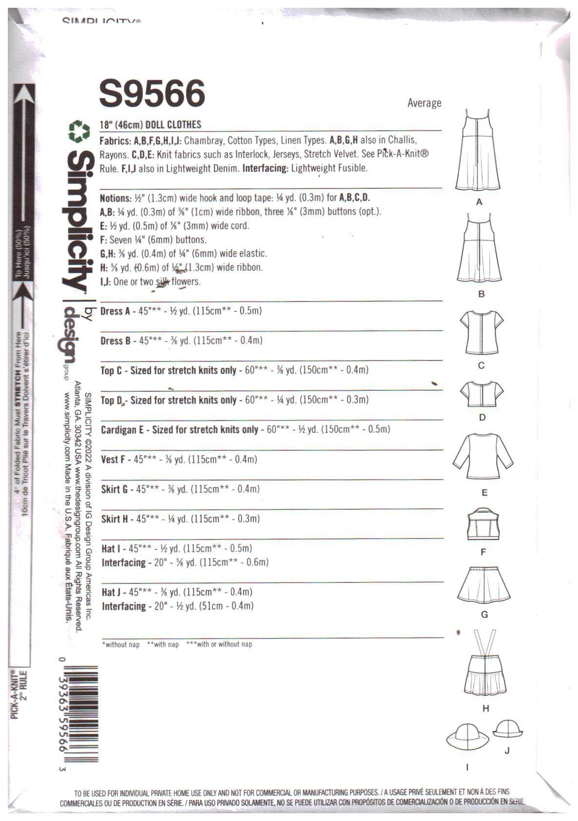 Simplicity S9566 Doll Clothes Size: 18" Uncut Sewing Pattern - Image 2