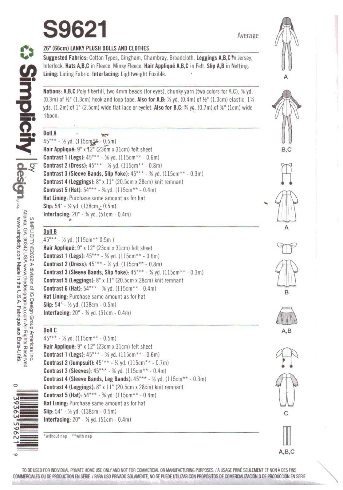 Simplicity S9621 Lanky Plush Dolls, Clothes Size: 26" Uncut Sewing Pattern - Image 2