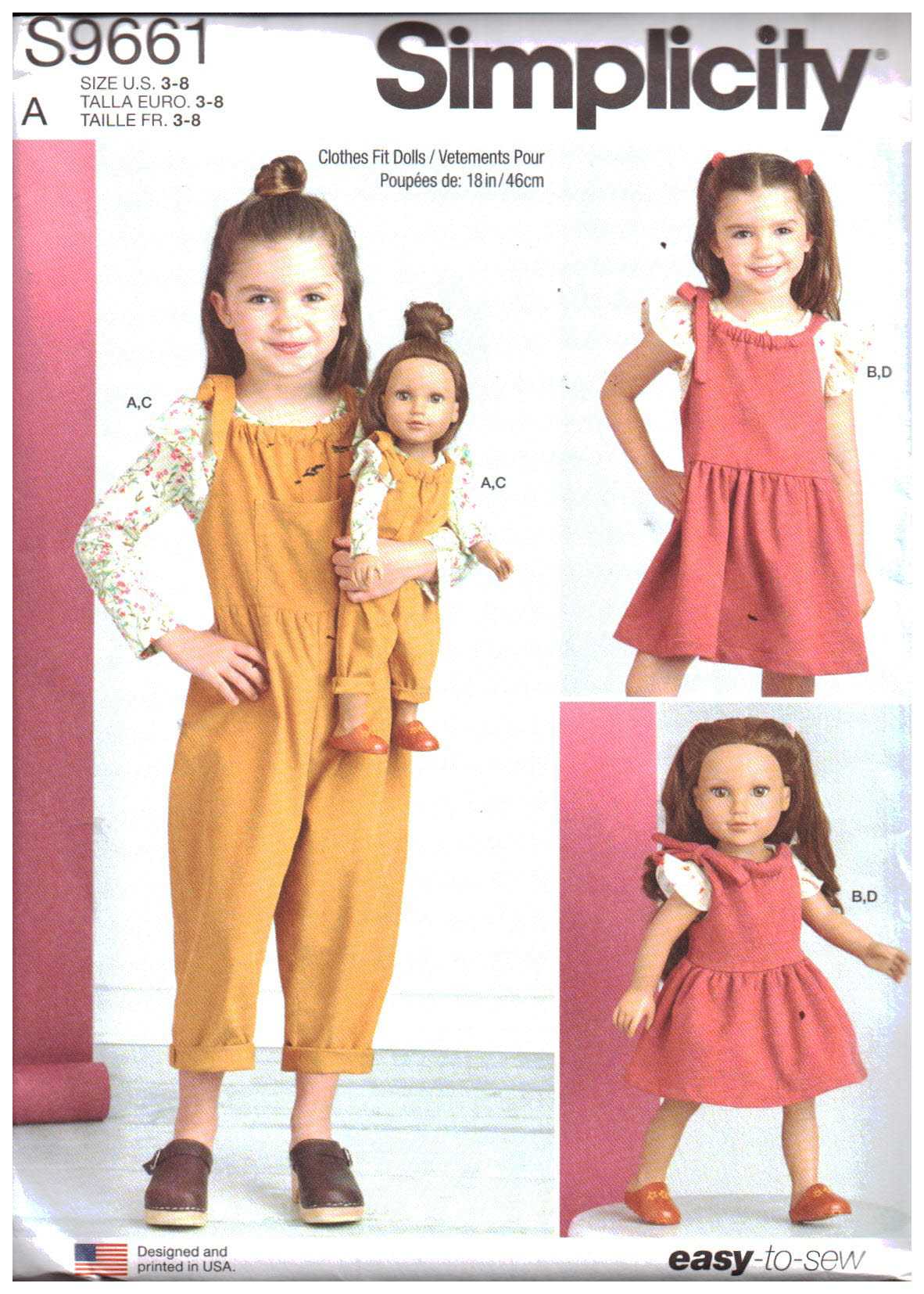 Simplicity S9661 Girl's Tops, Overall, Jumper and Doll Clothes (18") Size: A 3-8 Uncut Sewing Pattern
