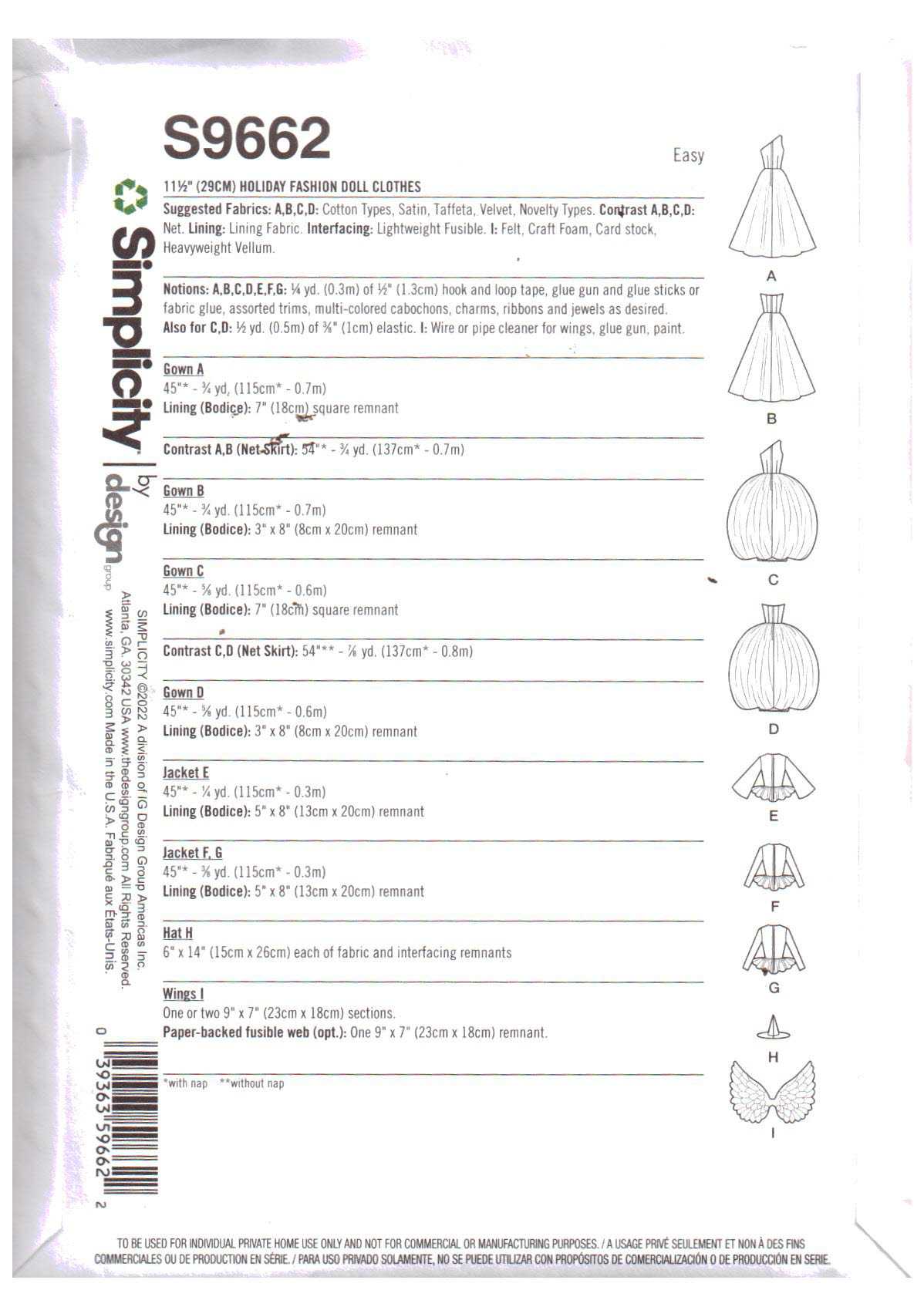 Simplicity S9662 Holiday Fashion Doll Clothes Size: 11.5" Uncut Sewing Pattern - Image 2