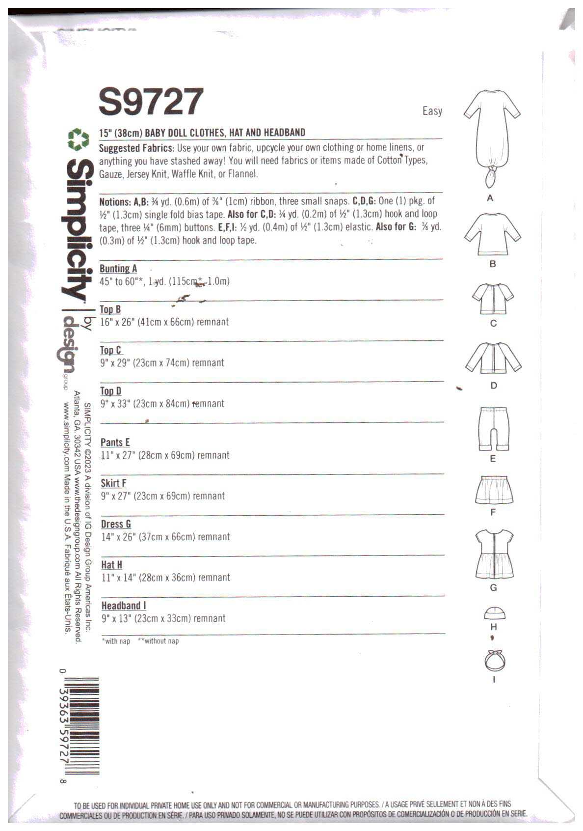 Simplicity S9727 Baby Doll Clothes Size: 15" Uncut Sewing Pattern - Image 2