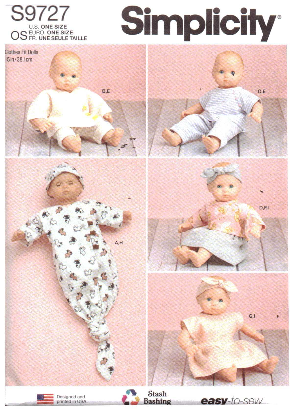 Simplicity S9727 Baby Doll Clothes Size: 15" Uncut Sewing Pattern