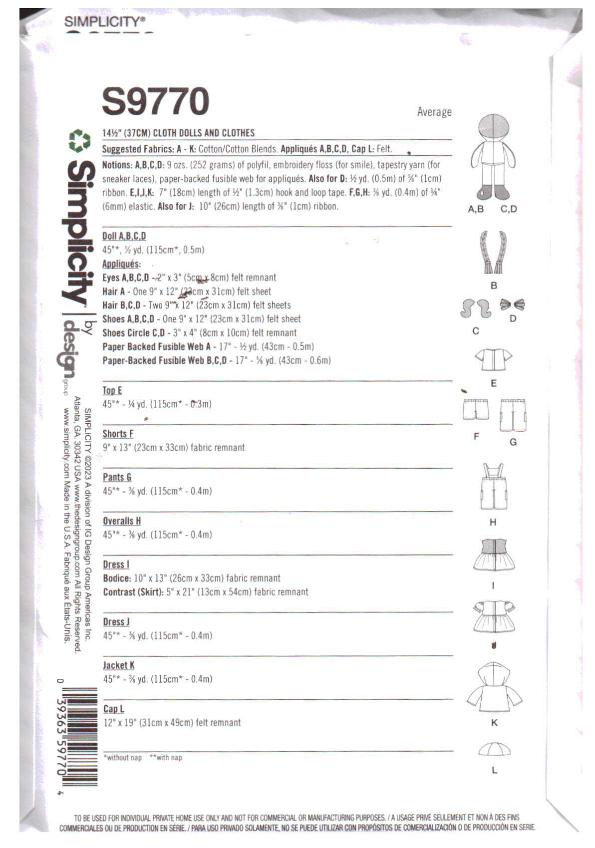 Simplicity S9770 Stuffed Dolls, Clothes Size: 14.5" Uncut Sewing Pattern - Image 2