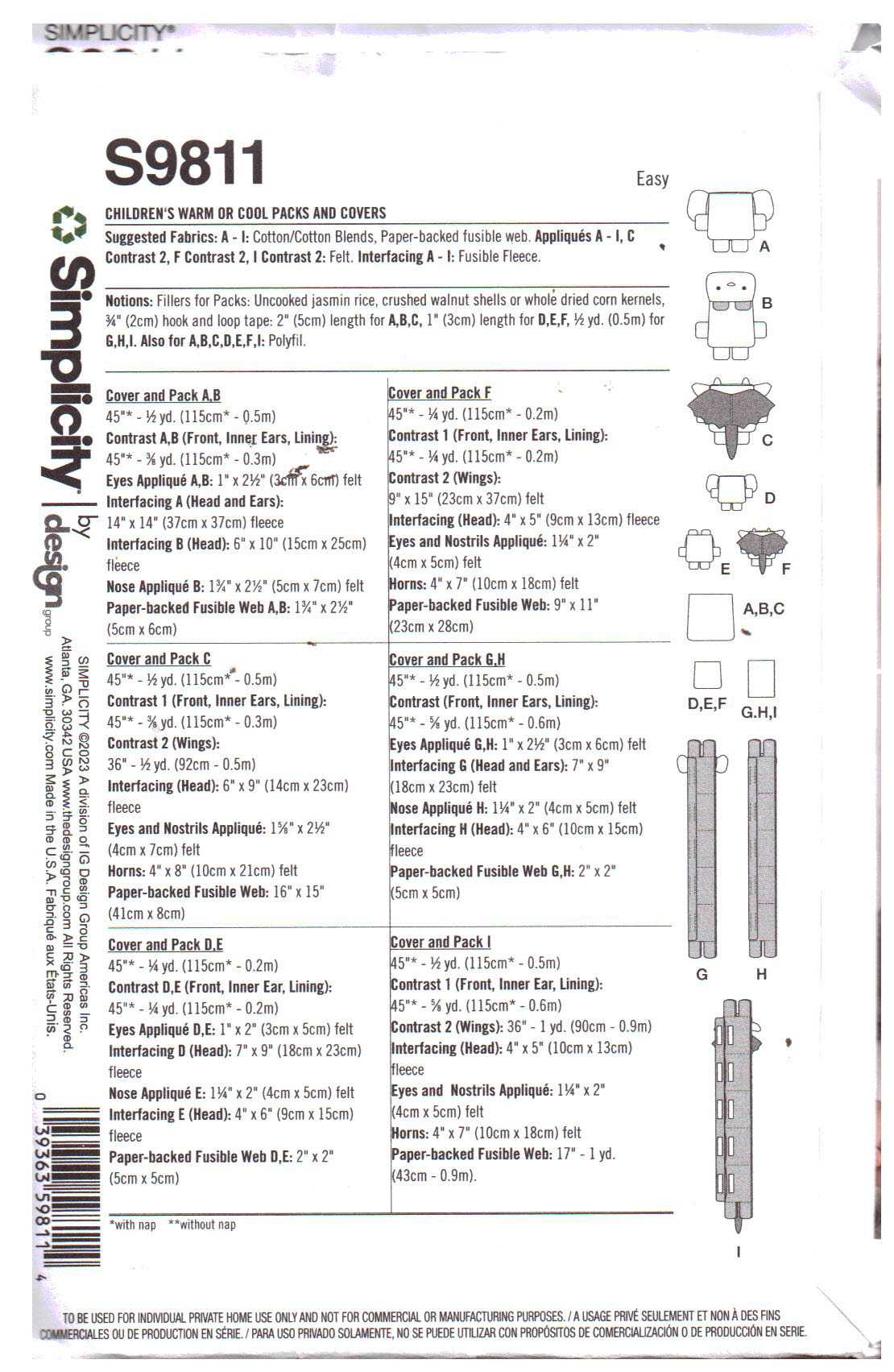 Simplicity S9811 Child's Warm/Cool Packs and Covers Size: One Uncut Sewing Pattern - Image 2