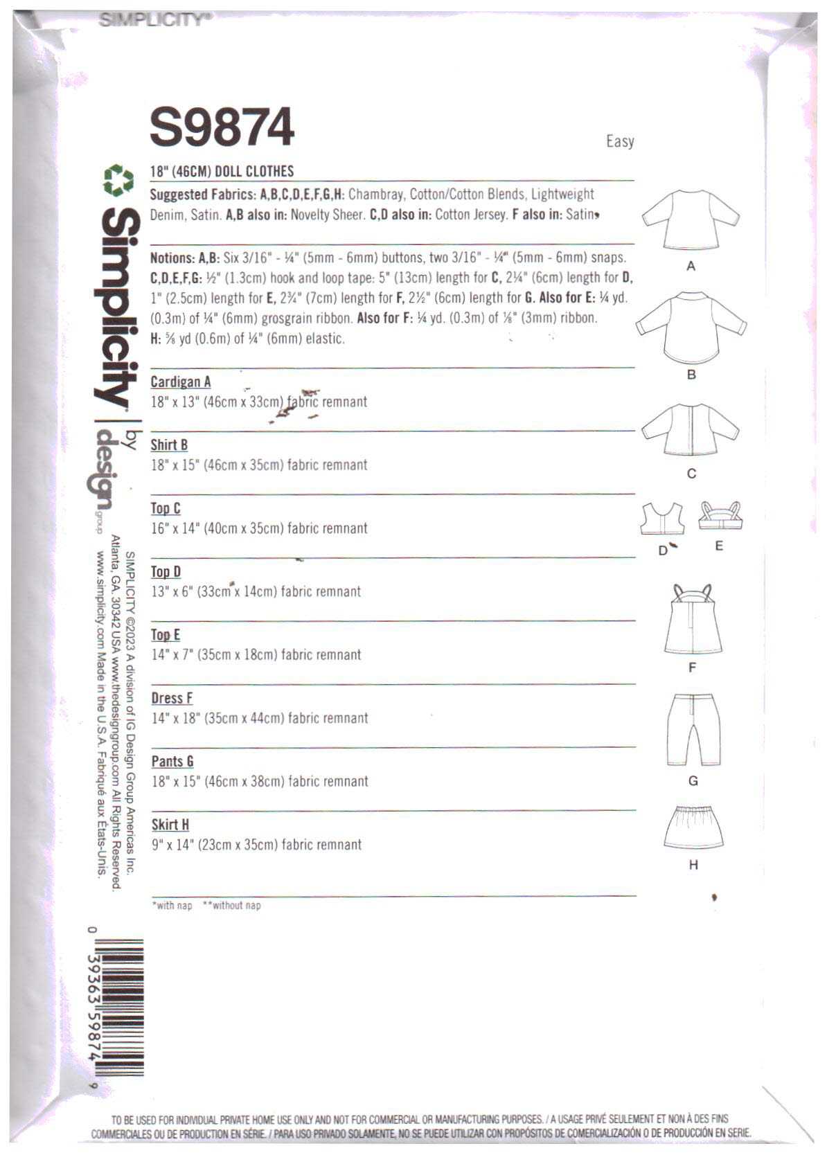 Simplicity S9874 Doll Clothes Size: 18" Uncut Sewing Pattern - Image 2