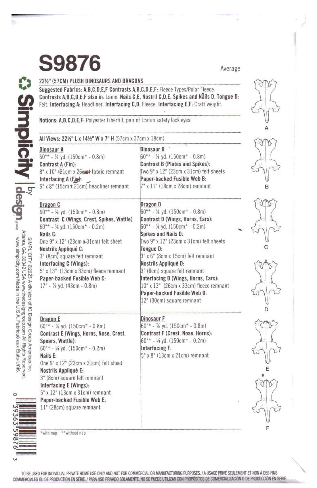 Simplicity S9876 Plush Dinasaurs, Dragons Size: 22.5" Uncut Sewing Pattern - Image 2