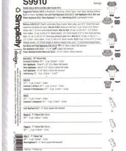 Simplicity S9910 Plush Dolls, Pets Size: 18", 7" Uncut Sewing Pattern - Image 2