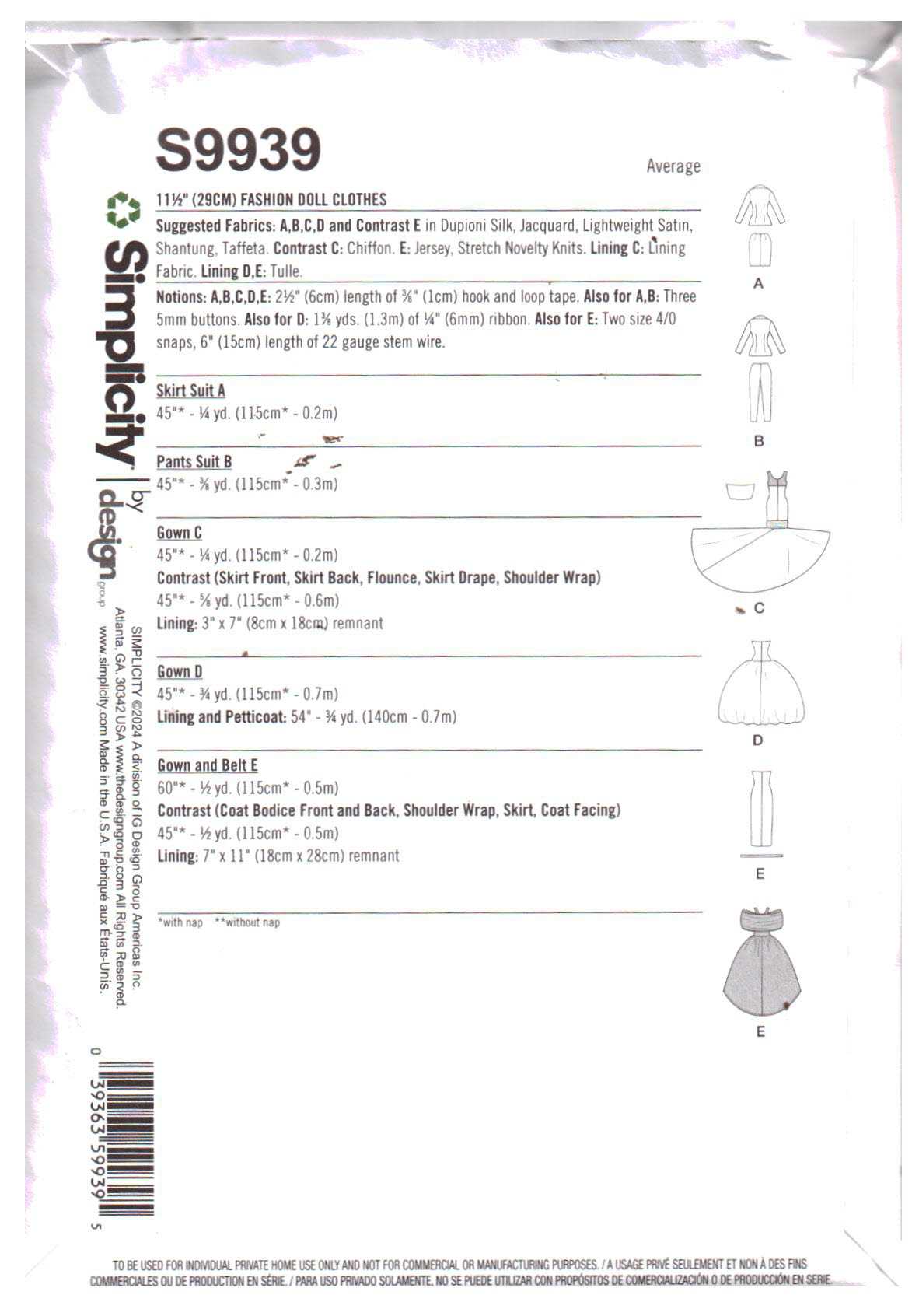 Simplicity S9939 Doll Clothes Size: 11.5" Uncut Sewing Pattern - Image 2